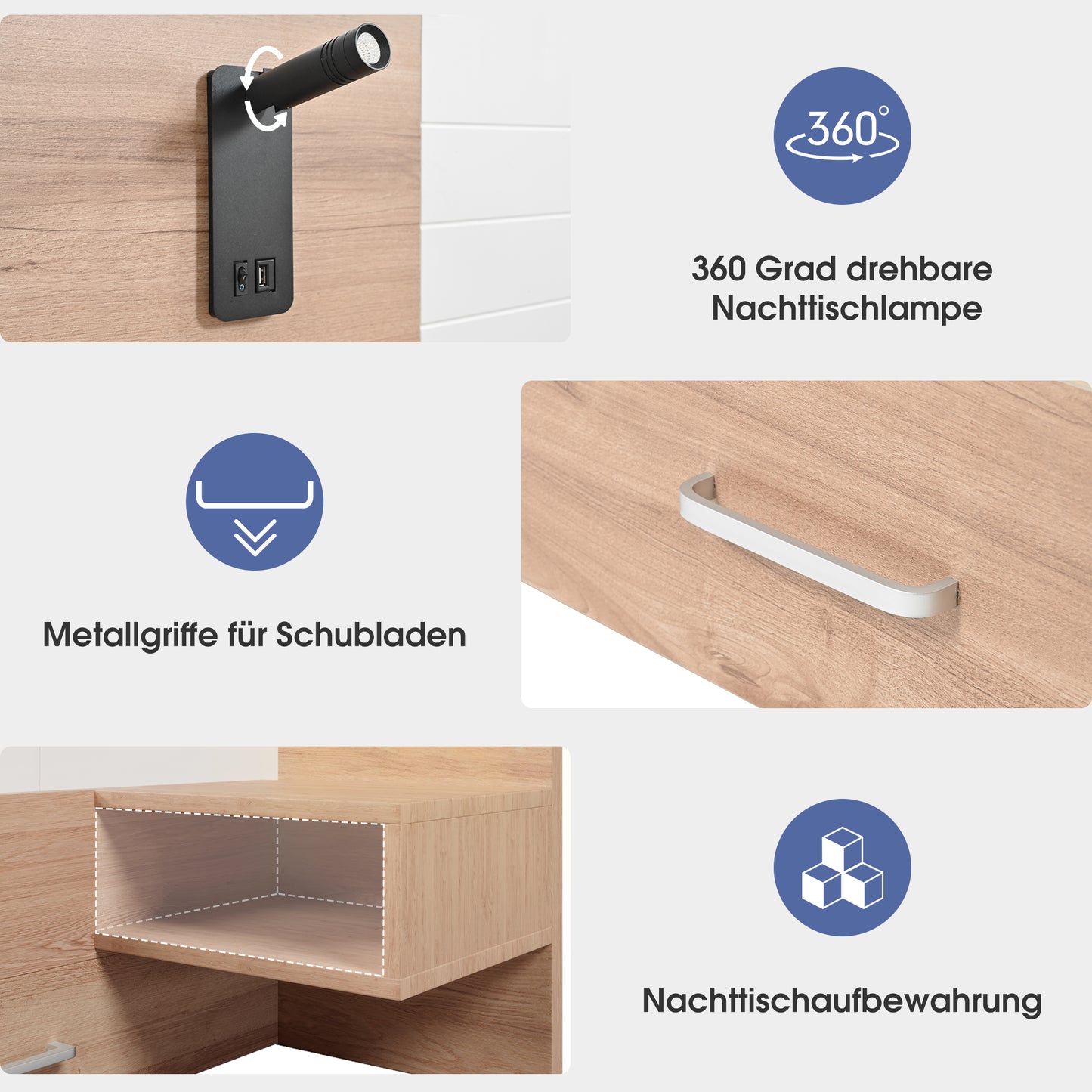 Double Bed Wooden Bed Bed 180x200cm With 2 Drawers, Headboard Reading Light With USB Charging Function, Modern Bed Incl. 2 Bedside Dressers, Bed Frame & Slatted Frame-255x80x207cm Set In Oak White Wi