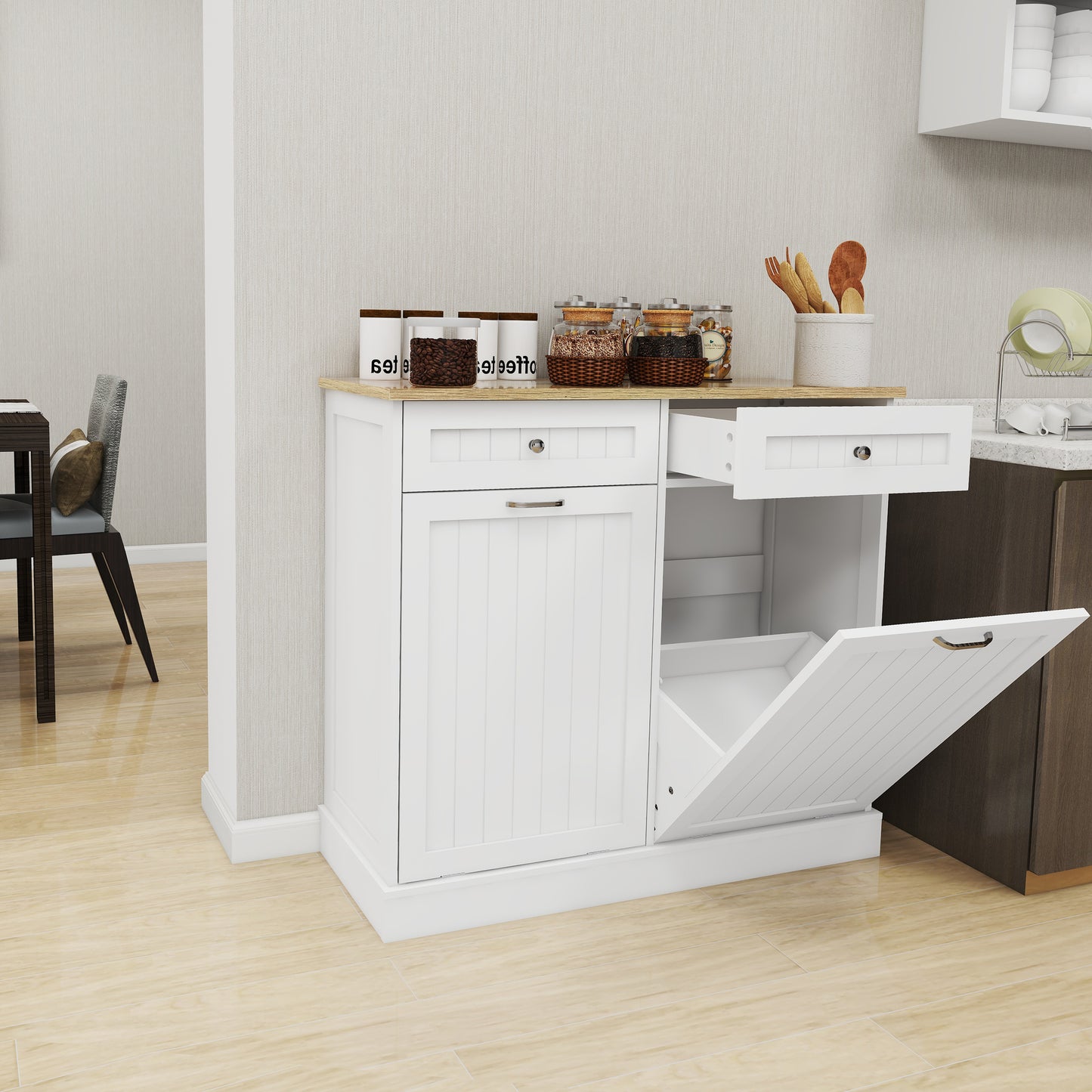 Two Drawers And Two-Compartment Tilt-Out Trash Cabinet Kitchen Trash Cabinet-White