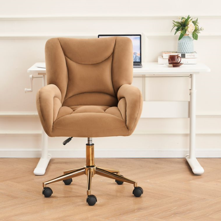 Full KD Velvet Fabric Material Adjustable Height Swivel Home Office Chair For Indoor Office With Gold Legs, Brown