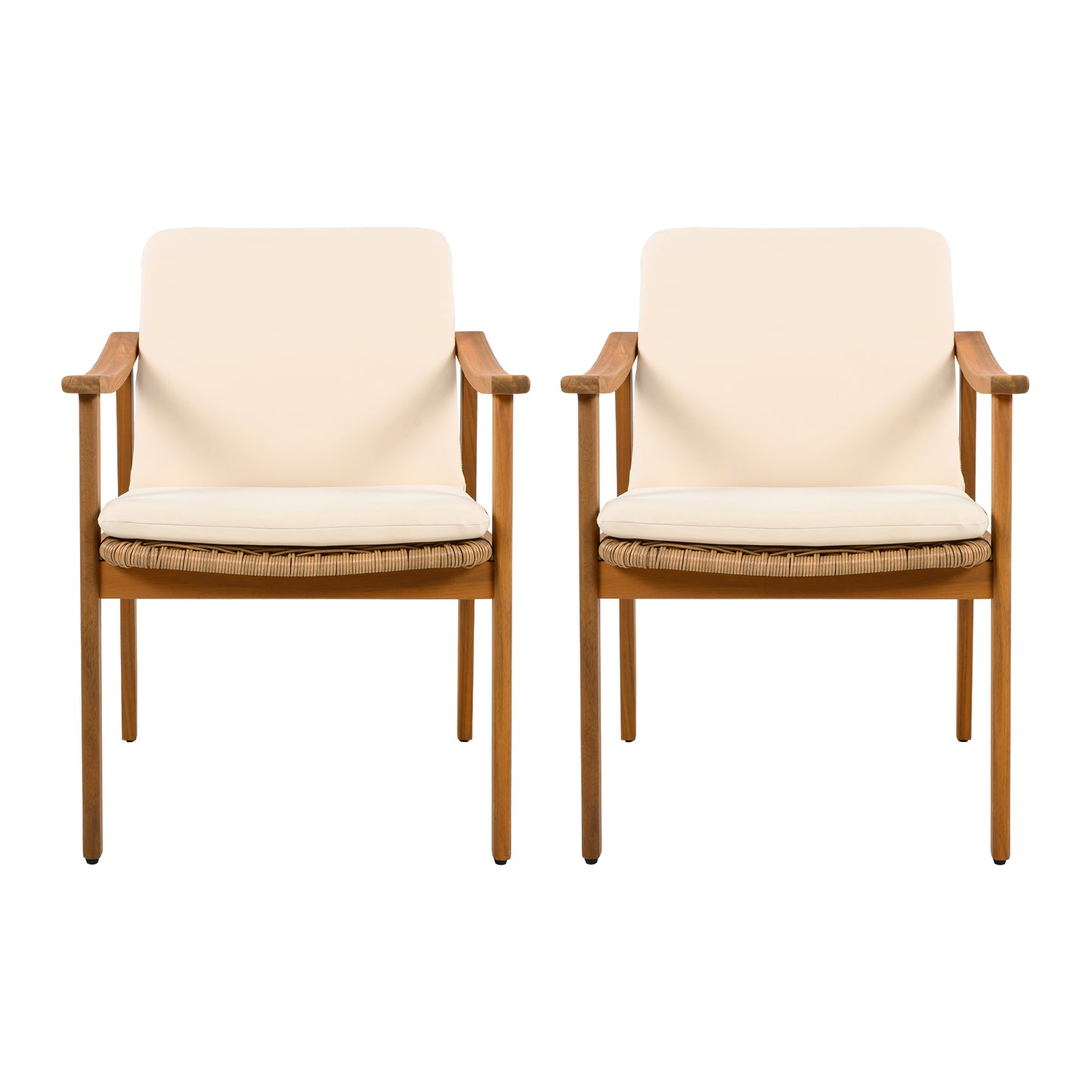 Outdoor Dining Chairs Set Of 2, Teak Color Acacia Wood Frame, Brown PE Wicker, Beige Waterproof Cushion, Ideal For Patios, Gardens