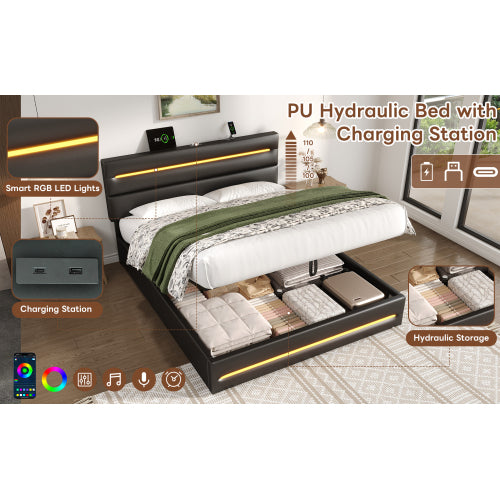 5ft King Upholstered Bed Frame With Hydraulic Storage, PU Ottoman Bed With LED Lighting And Charging Station, LED Adjustable Headboard With USB And Type - C Ports, Black