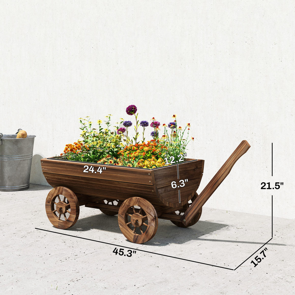 Wooden Wagon Planter Box, Mobile Garden Planter with 4 Wheels, Small Wheelbarrow Wagon Flower Cart with Drainage Hole