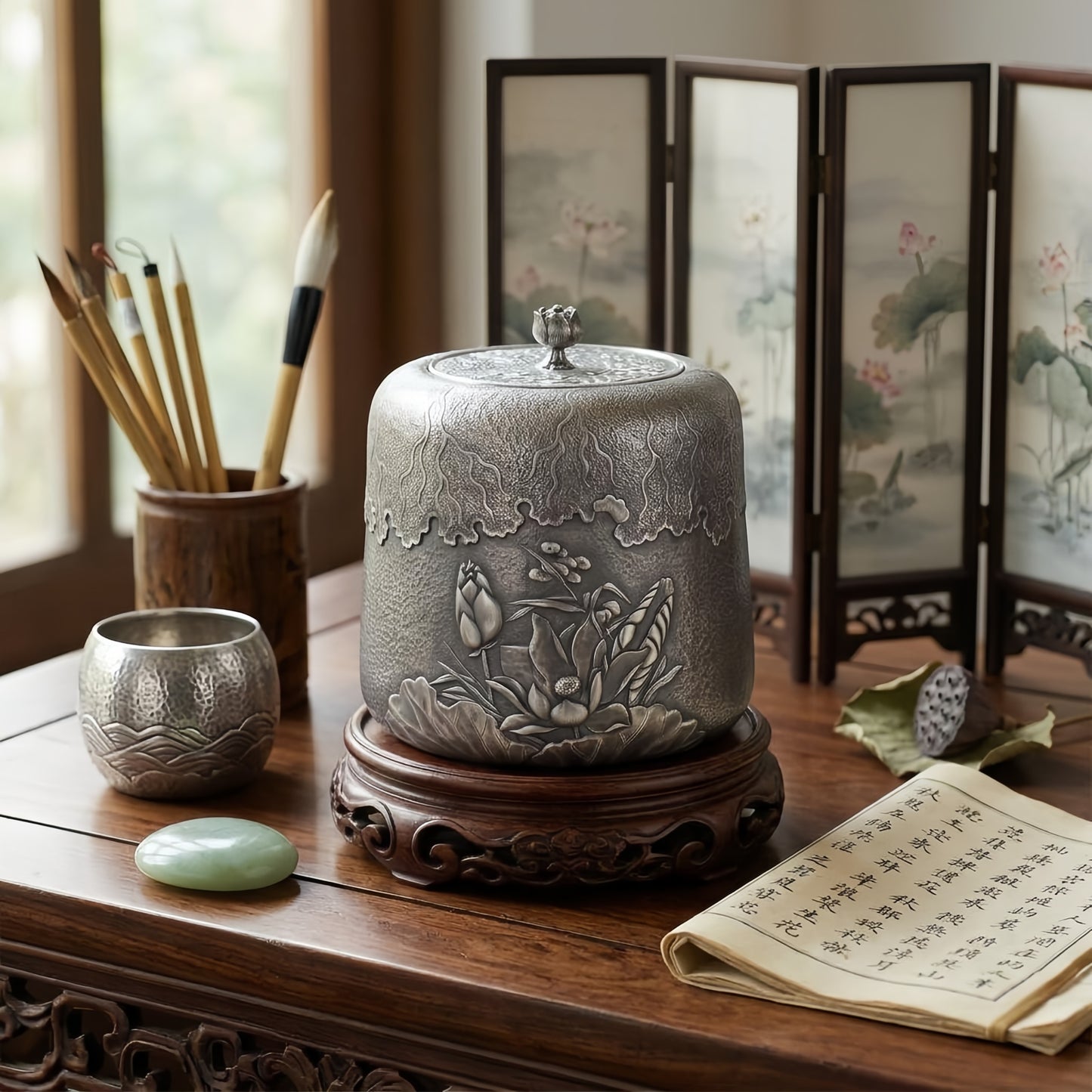 Pure 999 Fine Silver Exquisite Hammered Pewter-Tone Tea Canister with Detailed Lotus Floral Relief and Bud Finial - Handicraft