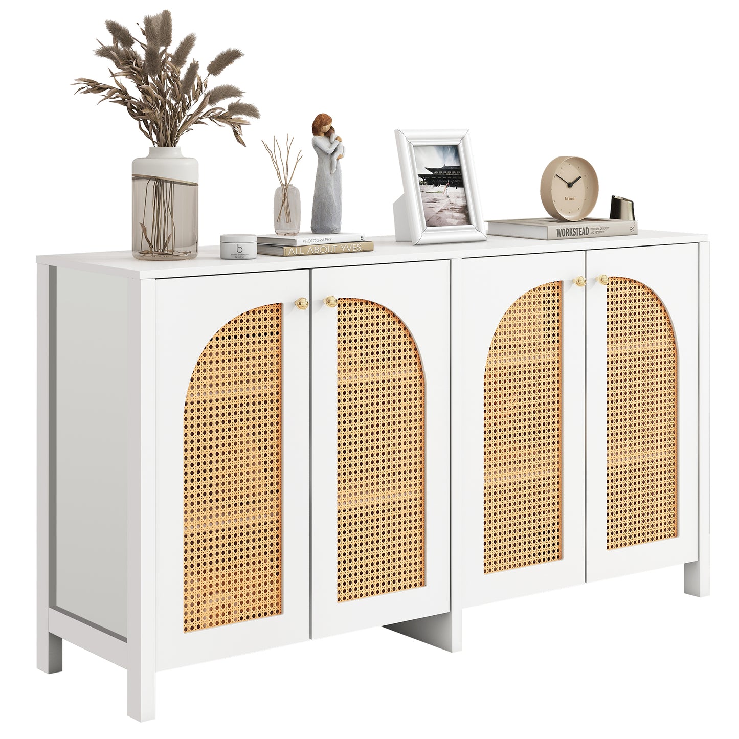 Modern Minimalist Style Sideboard 4-Rattan Door, Metal Handle Simple Buffet Cabinet For Dining Room, Living Room, Kitchen White