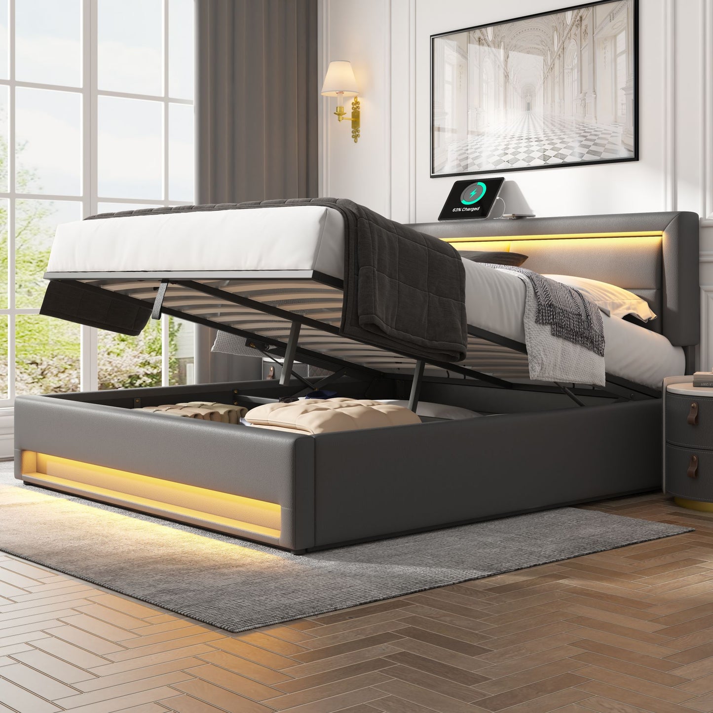 Upholstered Bed 140 X 200 Cm, With USB Port Supports Wireless And Wired Charging , With LED Lighting And Storage, Without Mattress, PU Lychee Pattern, Grey OLD SKU 3252978AAG