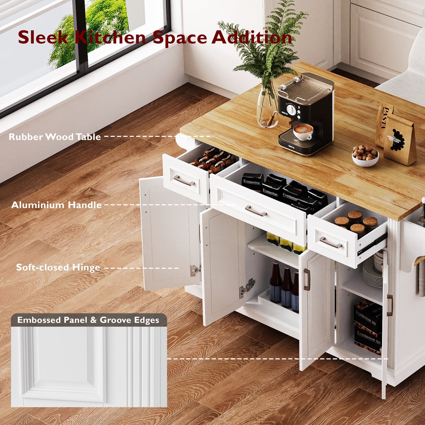 K&K 54inch Large Kitchen Island With Rubber Wood Drop Leaf, Embossed Texture Rolling Kitchen Cart On 4 Wheels With 4 Doors And 3 Drawers, Kitchen Island With Storage For Kitchen, Dining Room,White