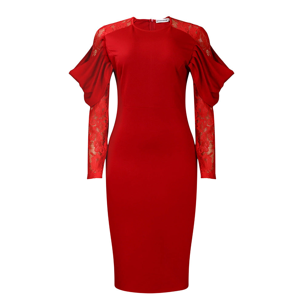 Fashionable And Elegant Lace-panelled Slim-fit Sexy African-style Office Dress For Women