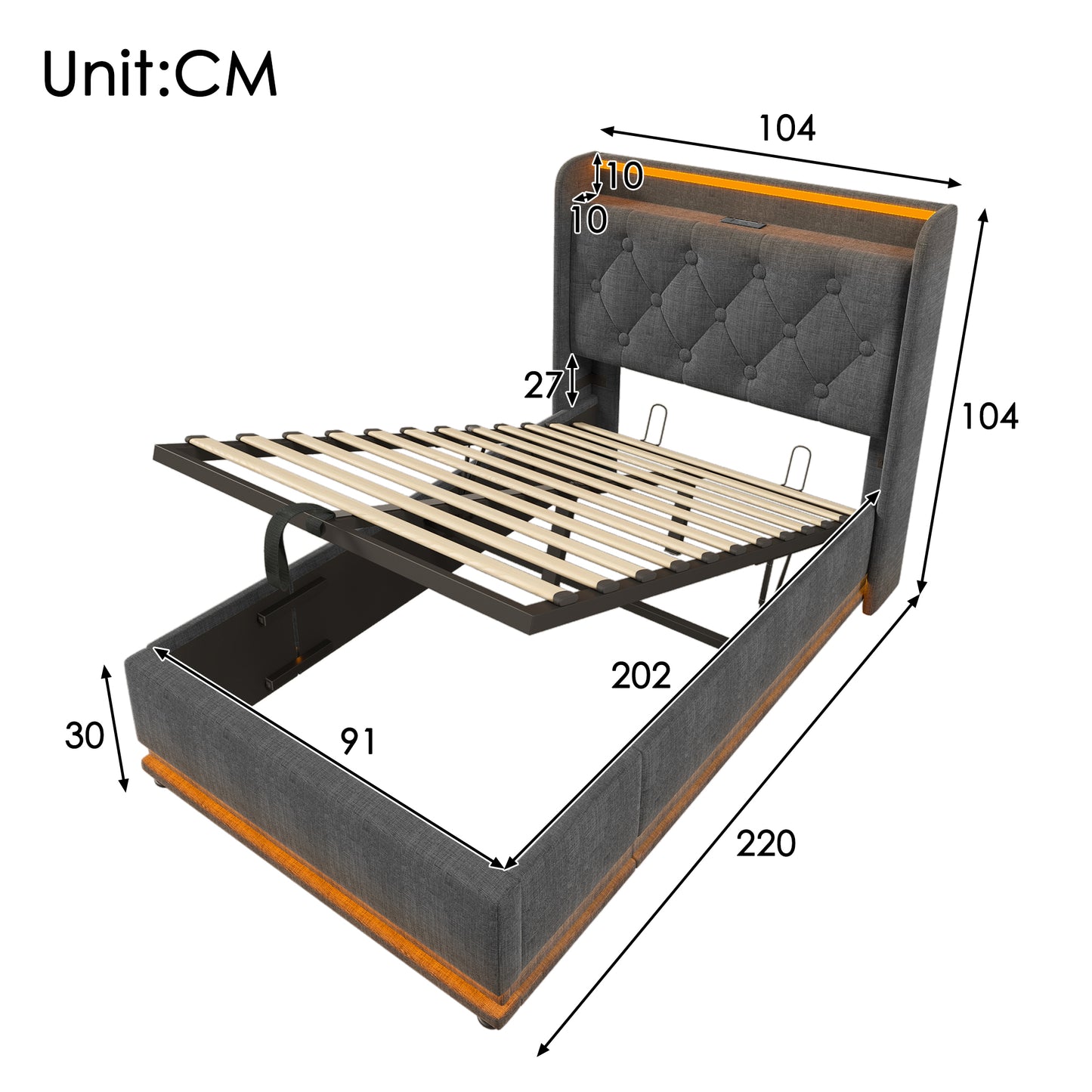 Upholstered Bed Single Bed,360 Surround LED Function, Push Button App Remote Control,90x200Cm, Gray Linen Material Hydraulic Storage Bed, Upholstered Headboard With USB Type-C Charging Function