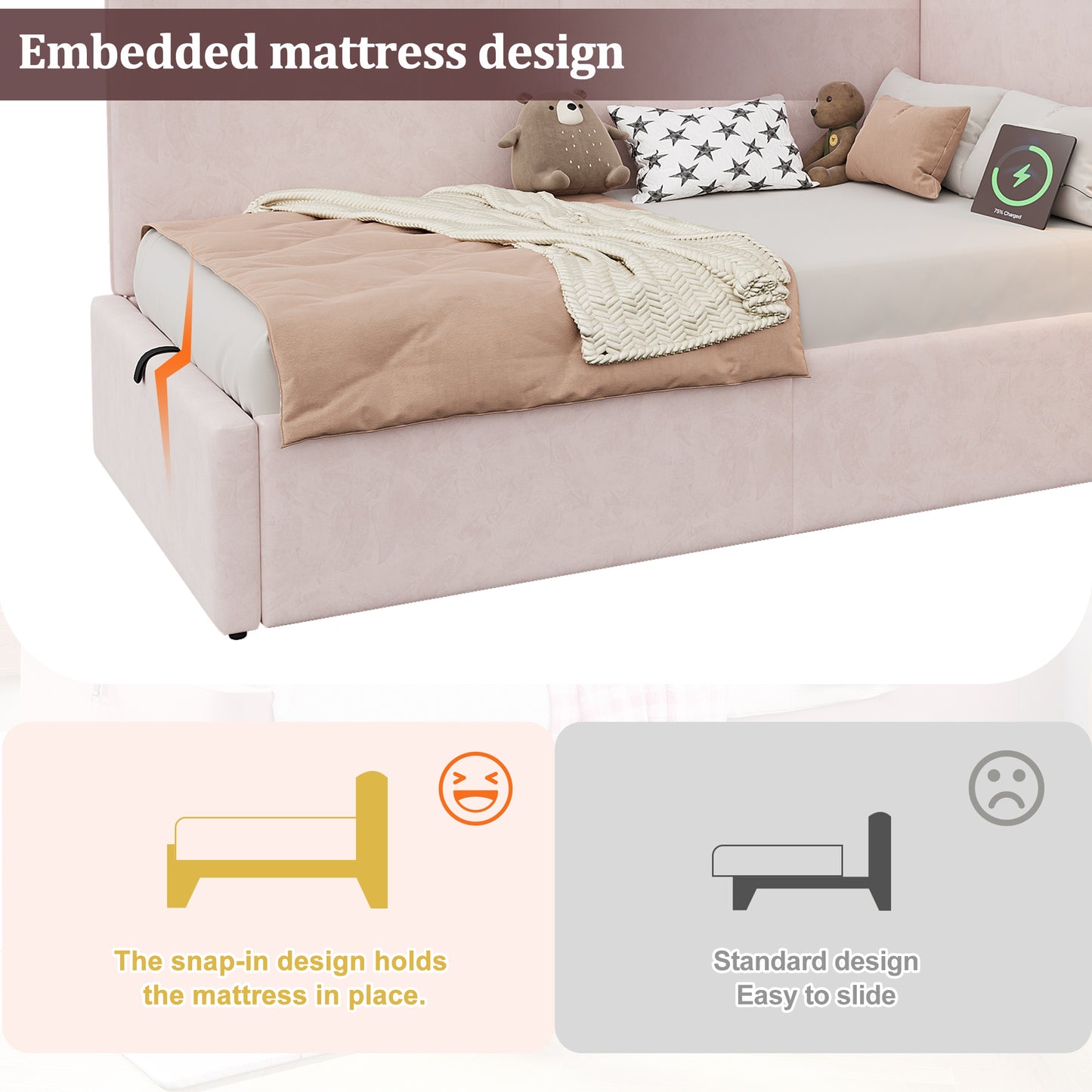 Daybed, 3FT Single Bed 90x190cm, L-shaped Upholstered With Storage, Sofa Bed, Hydraulic Bed With USB Charging Port And Reading Lamp, Velvet, Pink