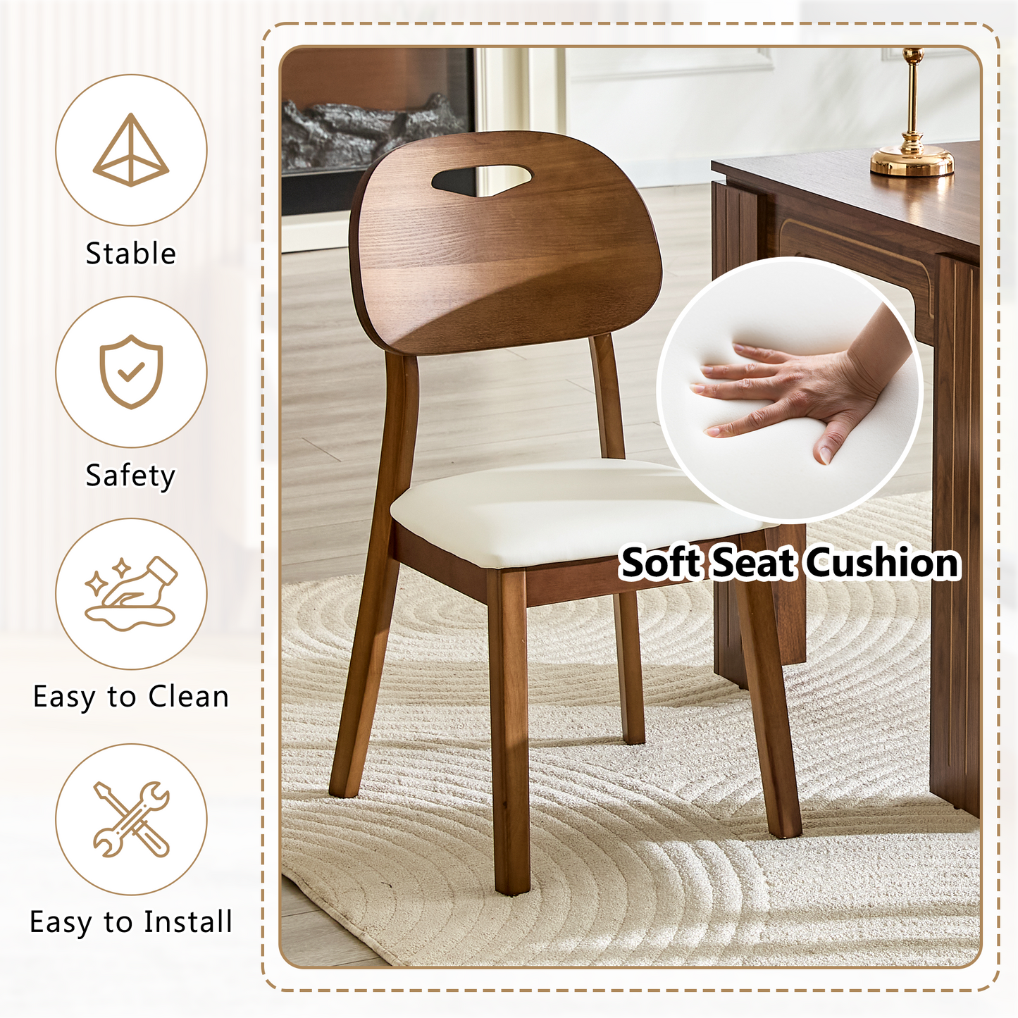 2 Walnut Colored Solid Wood Dining Chairs, White PU Soft Seat Cushions, Hollowed Out Backrests, And Home Dining Chairs.
