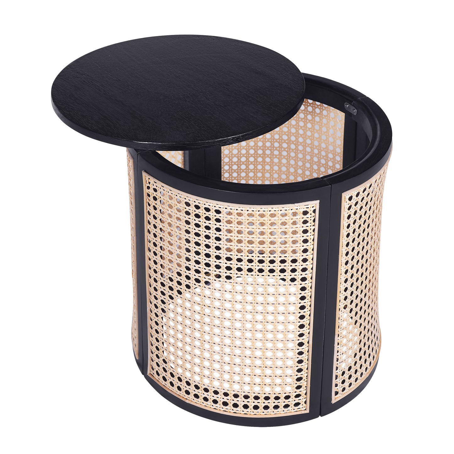 15.70 Round End Table, Hollow Woven Side Table, Small Rubber Wood Nightstand, Rattan Woven Tea Desk, Round Wood Tabletop, Chic Home Decor Desk, Easy Assembly, Black Color