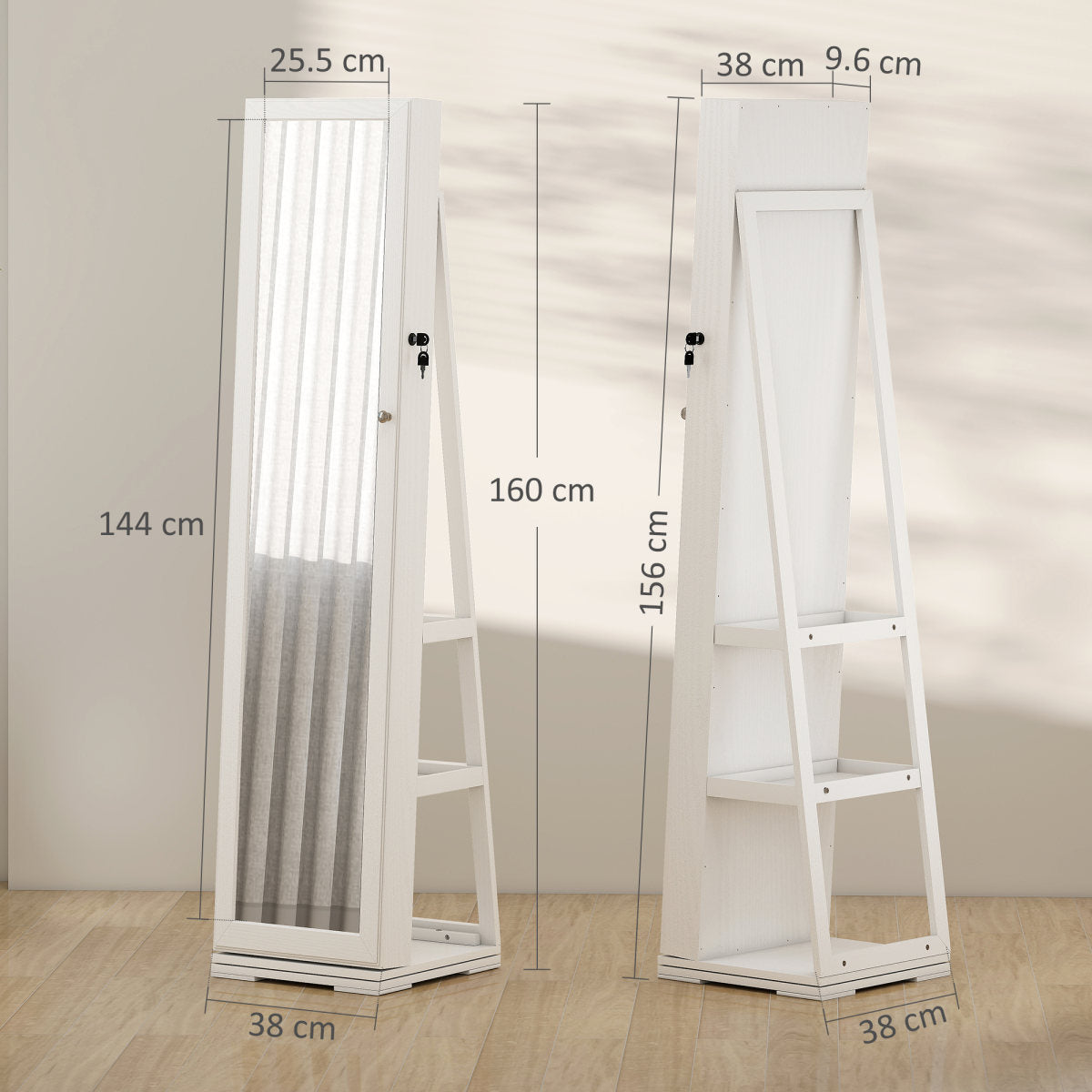 360° Swivel Jewellery Cabinet, Free Standing Full Length Mirror With Storage, Lockable Jewellery Organiser With Built-in Makeup Mirror And Storage Shelves For Bedroom, White