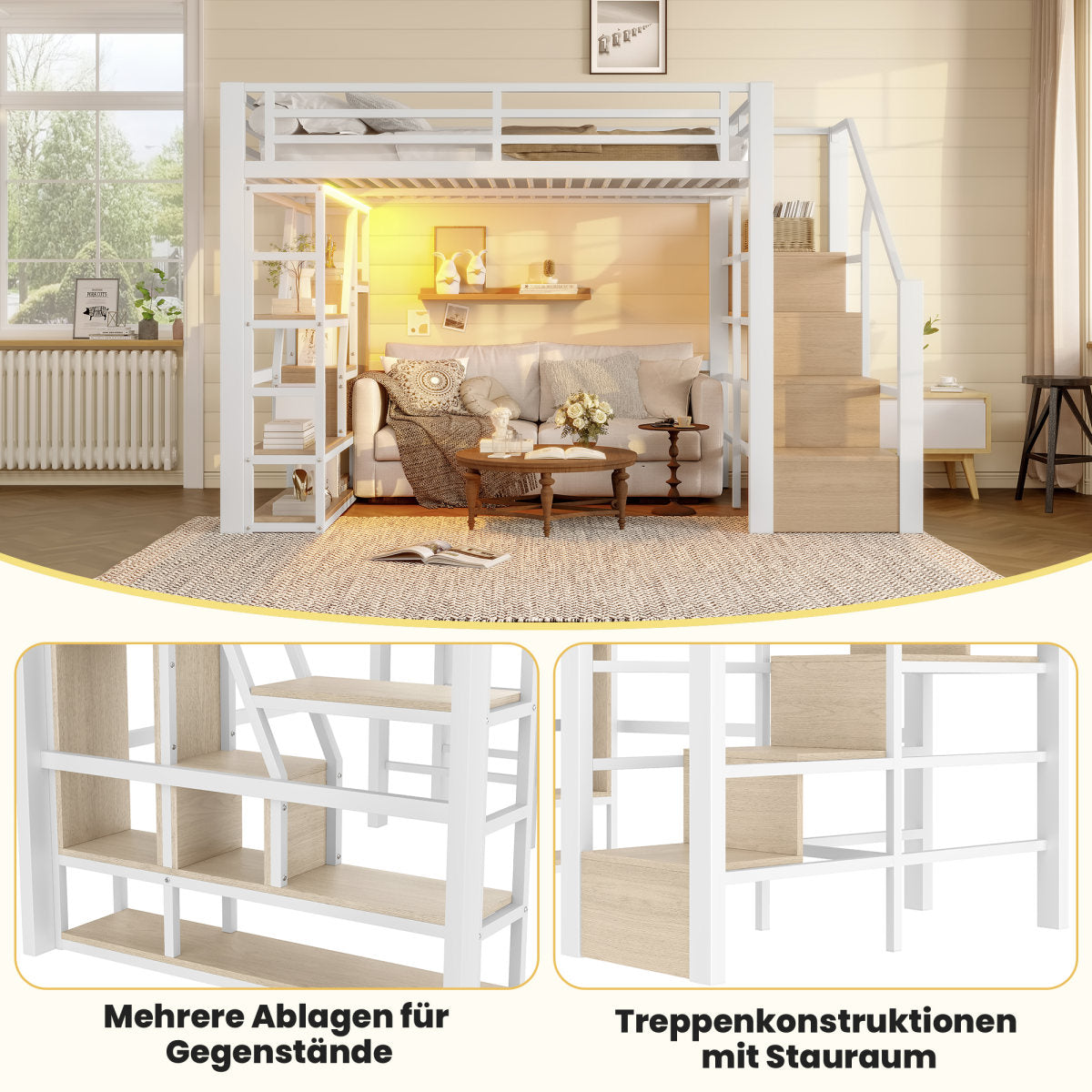 Loft Bed, 140 X 200 Cm, Iron Frame, Storage Compartment, Integrated Steps, Safety Railing, Ladder, With LED Light Strip, Open Storage Space Under The Bed, Mattress Not Included, White