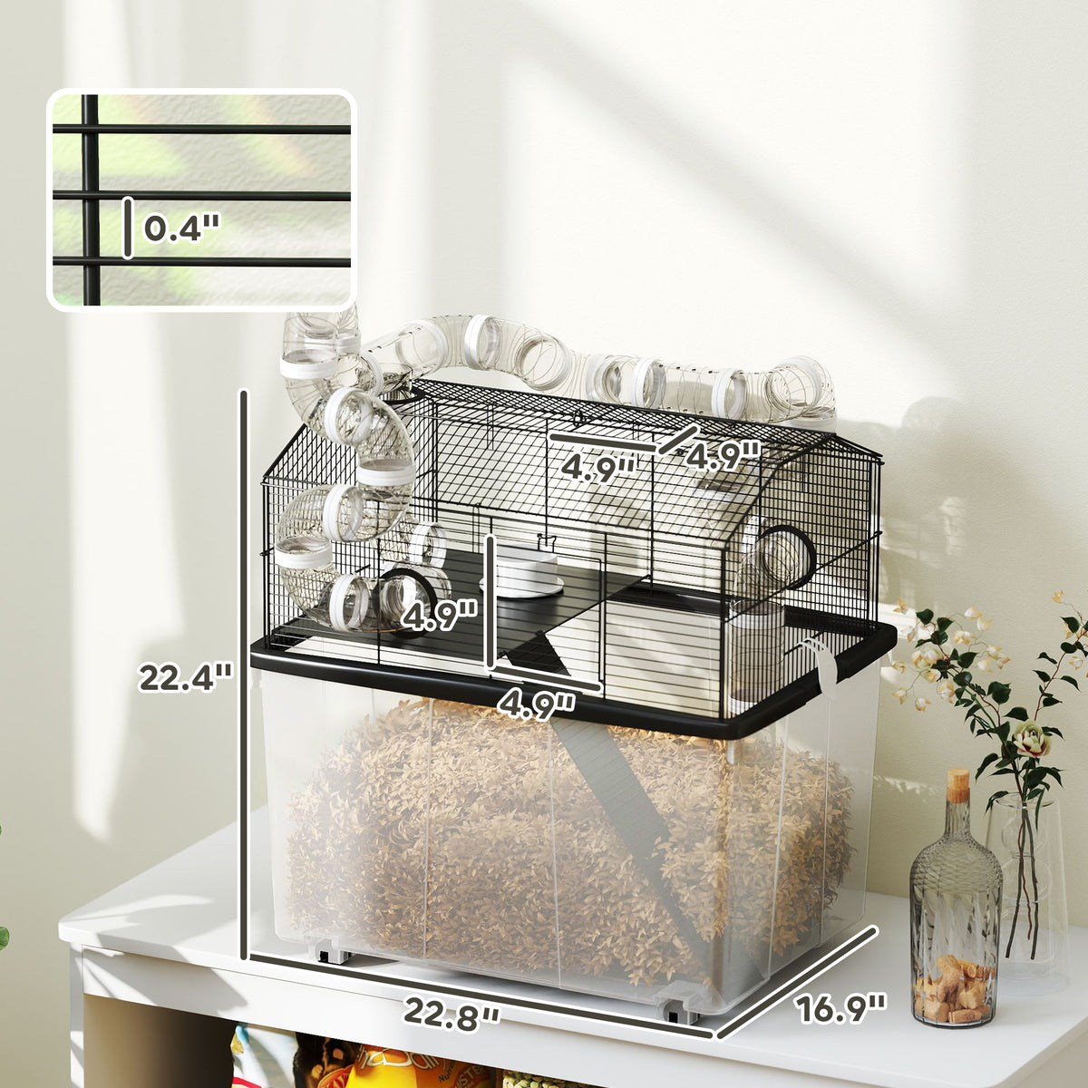 2 Tier Hamster Cage with 12" Deep Tray, Tube System, Water Bottle, Ramp, Feeding Bowl, 23" x 17" x 22", Black
