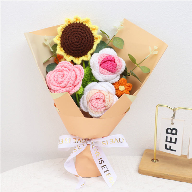 Handmade Crocheted Flower Bouquet, Sunflower Matched With Gradient Pink Roses And Tiny Orange Flowers, Soft Yarn Everlasting Knitted Bouquet, Indoor Home Decorative Ornament
