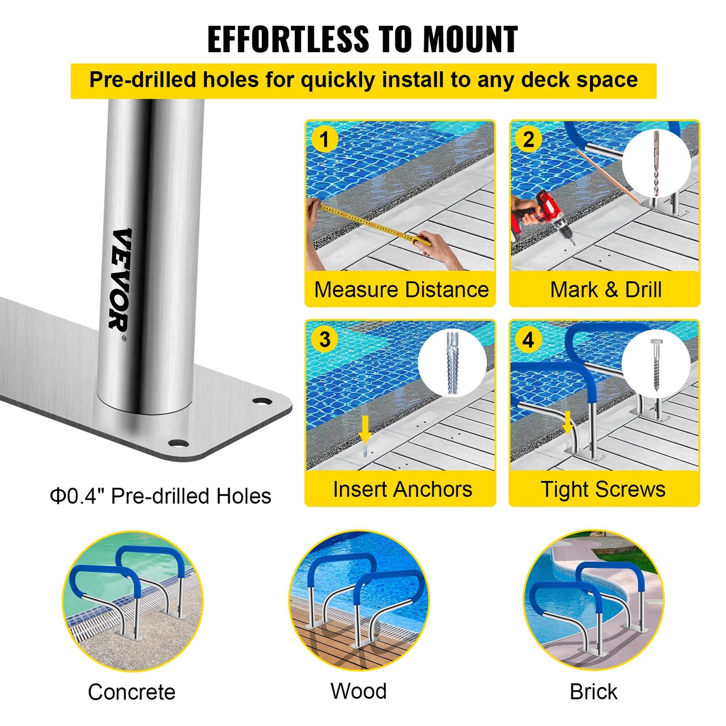 Pool Handrail, 32 X 22.5 Swimming Pool Stair Rail, 304 Stainless Steel Stair Pool Hand Rail Rated 375lbs Load Capacity, Pool Rail With Quick Mount Base Plate, And Complete Mounting Accessories
