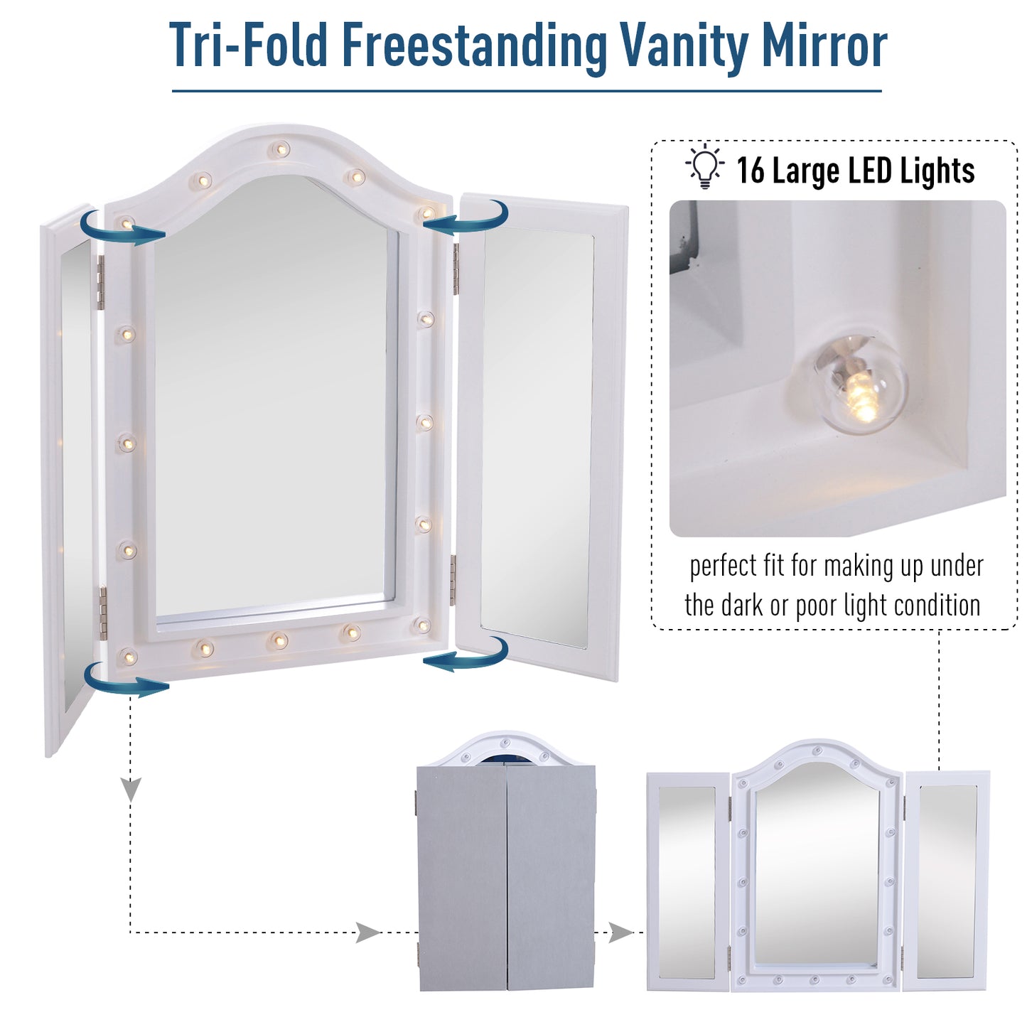 Trifold Tabletop Mirror, 73x53.5cm Makeup Mirror Large Cosmetic W/16 LED Lights Powered By Batteries, Foldable For Bedroom, White