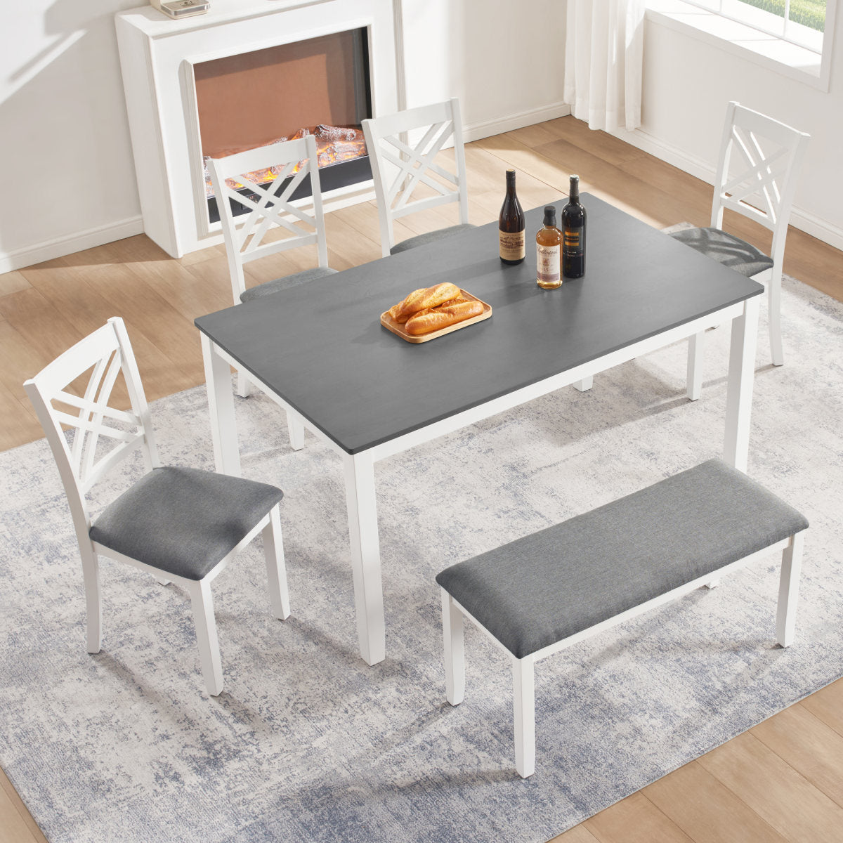 6 Piece Kitchen Dining Set, Rectangular Wooden Dining Table with 4 Upholstered Chairs and a Bench, Dining Table Set for 6 People, Living Room and Kitchen, Grey & White two tone