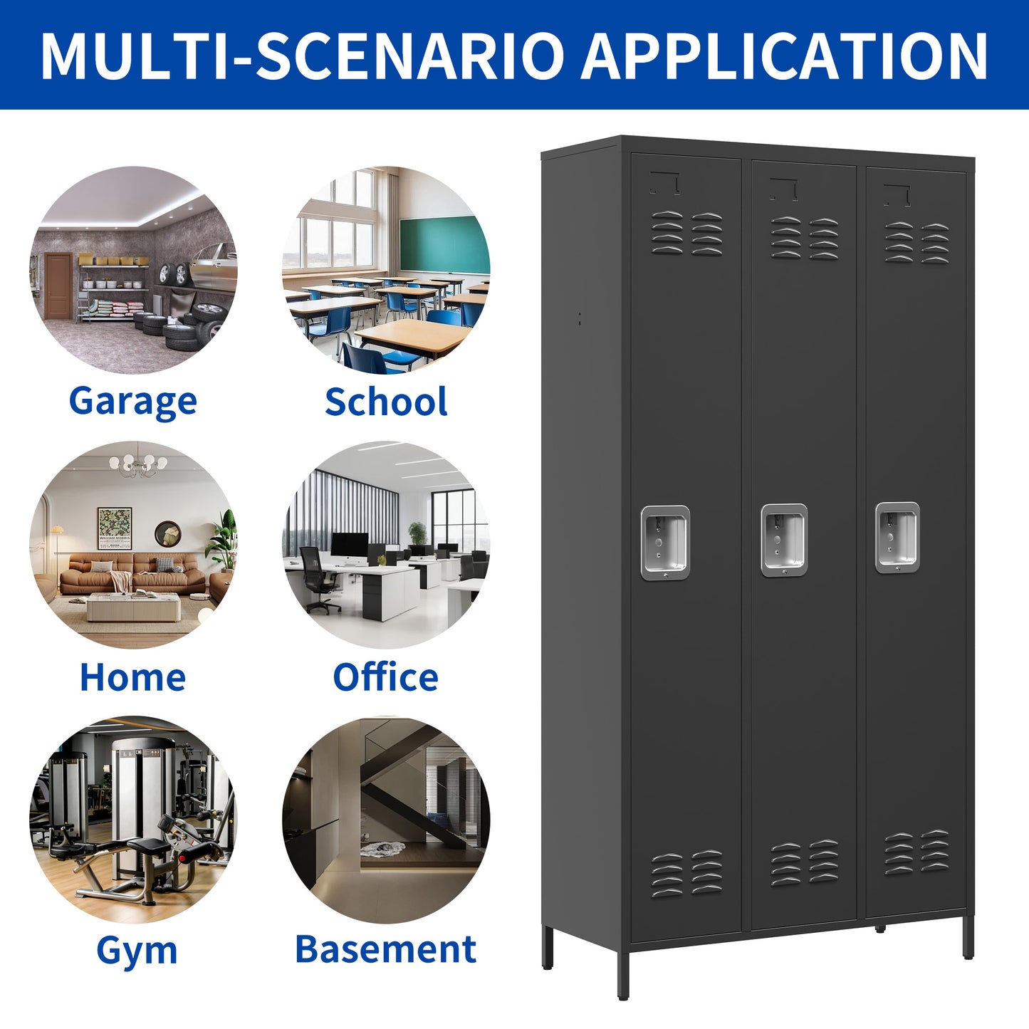 3 Door 72 H Metal Lockers With Lock For Employees,Storage Locker Cabinet For Home Gym Office School Garage,Black