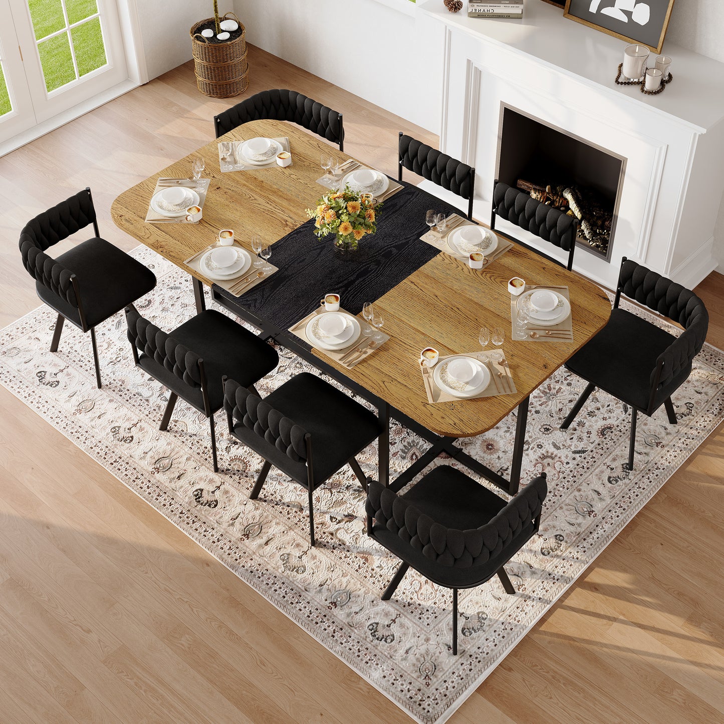 9-Piece Square Dining Table Set, Fixed Two-Tone Wood Grain & Black Wood Grain Triamine Tabletop With 8 Black Velvet Chairs, Modern Kitchen Table Set For 8 People, Ideal For Family Gatherings