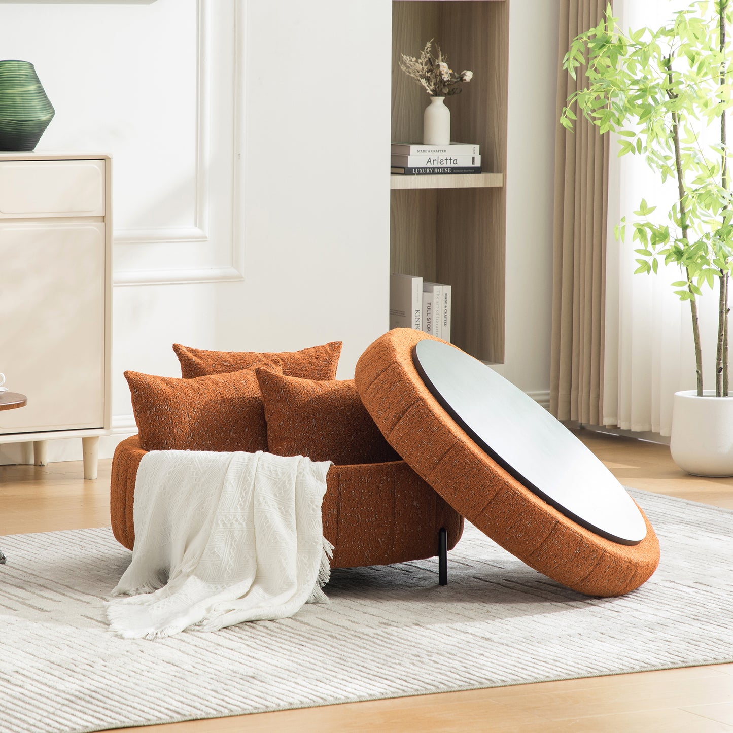31.3 W Upholstered Round Ottoman With Reversible Lid, Chenille Storage Stool, Channel Tufted Pumpkin-shape Footstool For Living Room, Bedroom And Office, Orange