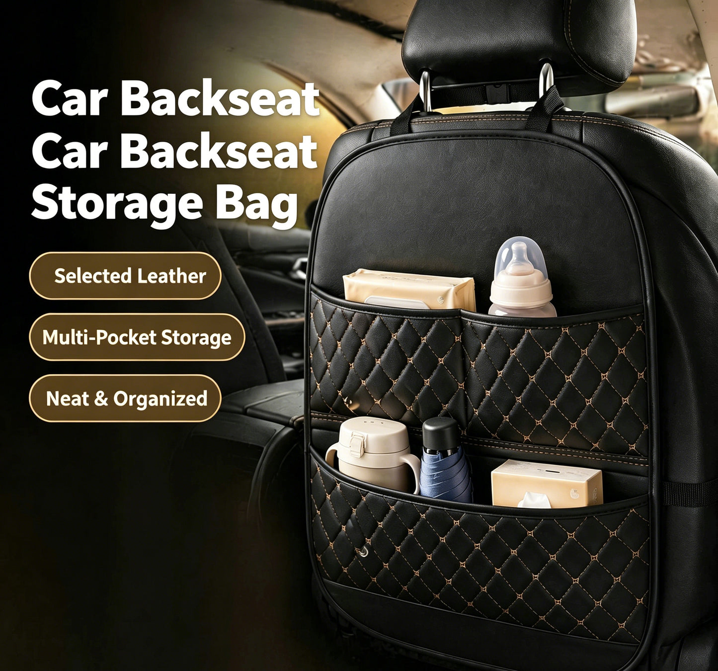 Universal Multi-Functional Car Leather Storage Organizer, Kids Seat Back Kick Mat, Car Rear Seat Hanging Storage Bag, Auto Interior Accessories