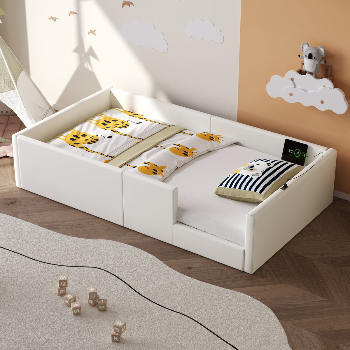 90X200 Upholstered Platform Bed With Guardrail And Charging Dock, White