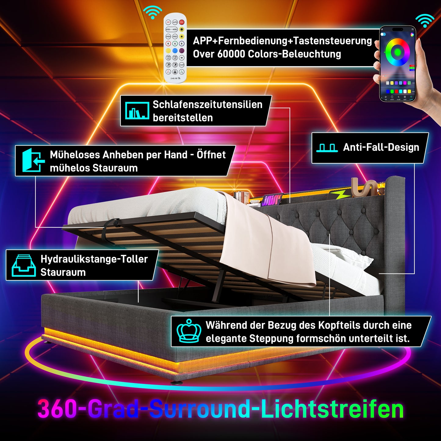 Upholstered Bed Double Bed, 360 Surround LED Function, Push Button App Remote Control, 160x200 Cm, Grey Linen Material Hydraulic Storage Bed, Padded Headboard With USB Type-C Charging Function Without