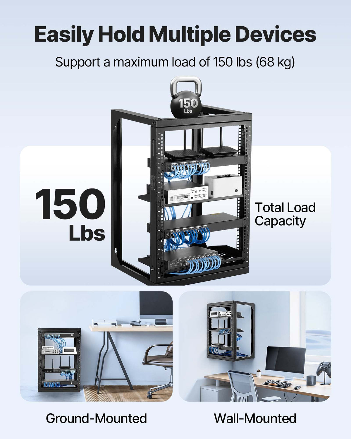 15U Wall Mount Server Rack, 150 Lbs Max Load Capacity, Open Frame Network Rack With 180 Degrees Gate Swing, Carbon Steel, For 19-Inch IT Network Equipment & AV Devices Computer Server, Black