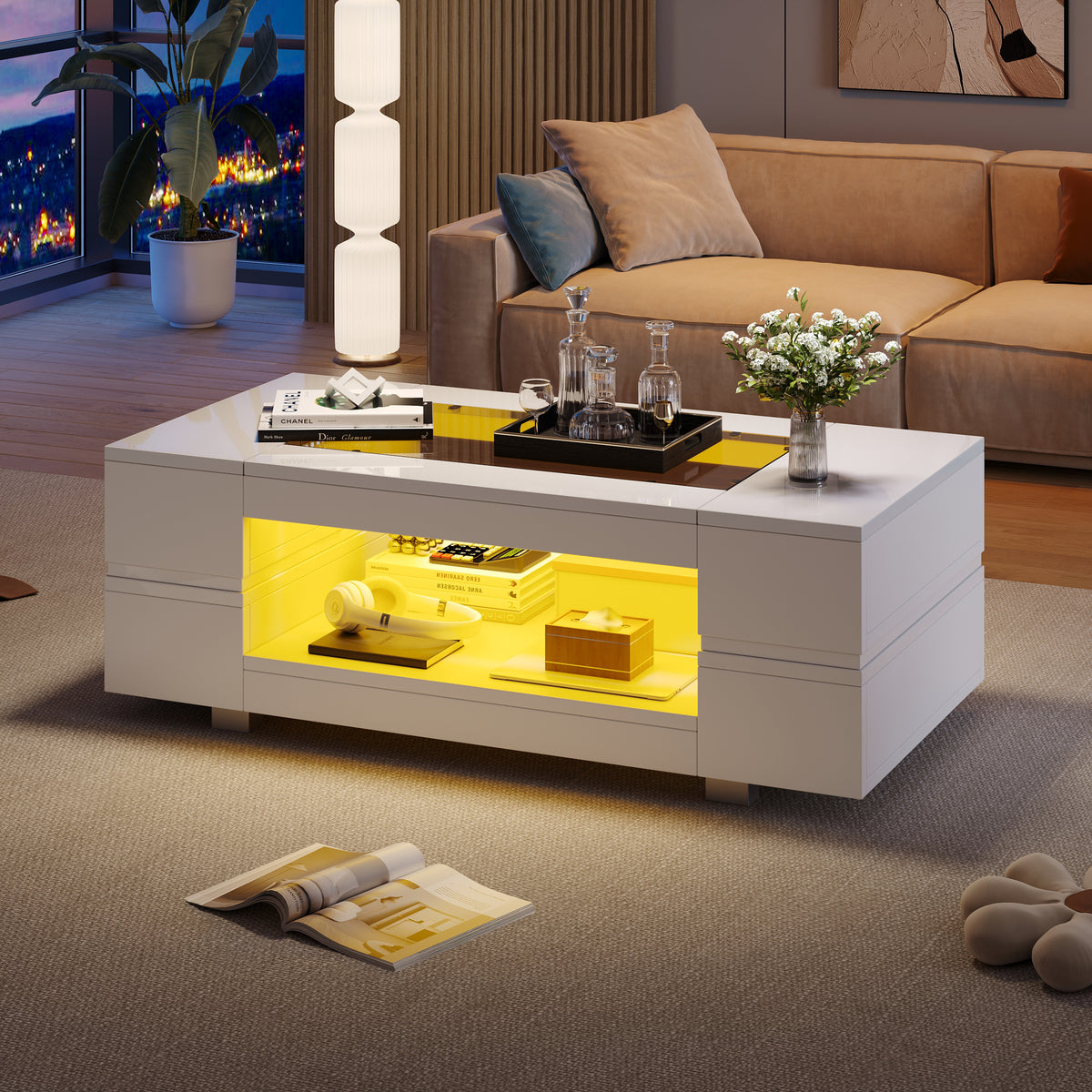White LED Coffee Table With Bluetooth App Control, Coffee Table, Sofa Table, Living Room Table, Suitable For Party, Office, Living Room