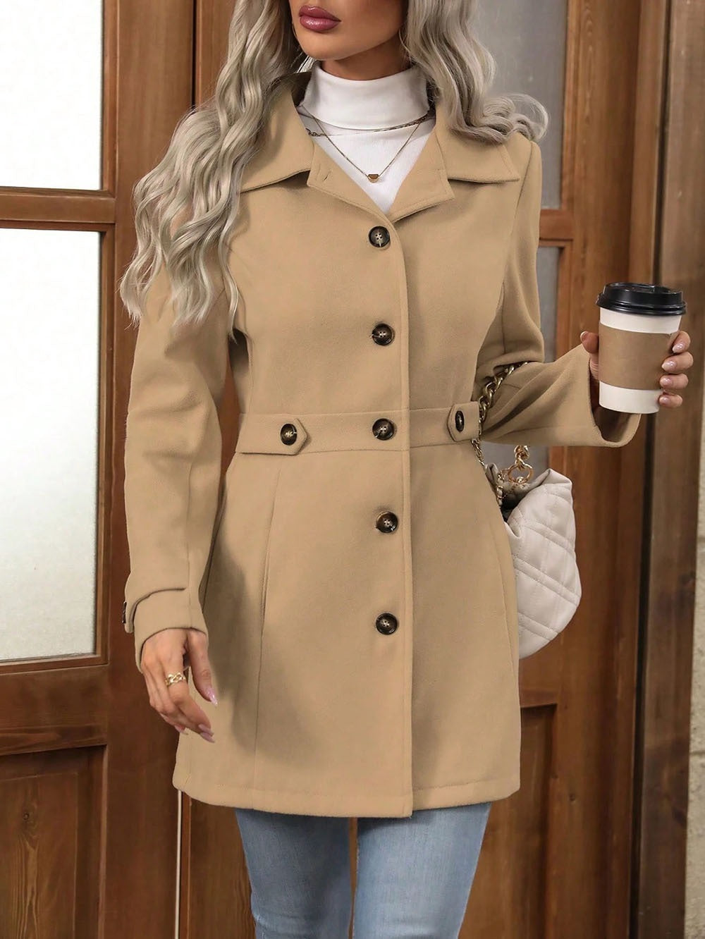 Women's Solid Color Wool Blend Coat, Fashion Lapel Button Up Casual Elegant Overcoat For Autumn