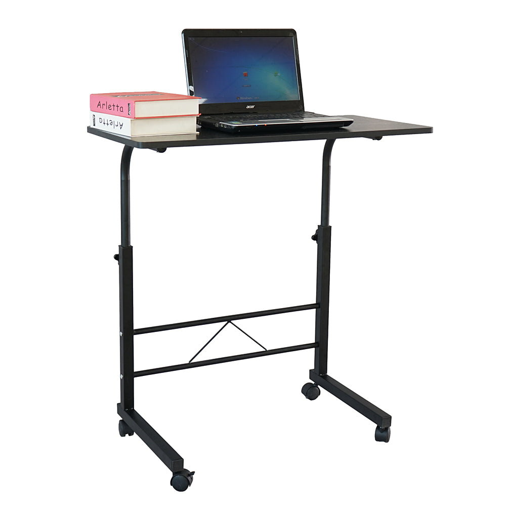 60cm Adjustable Tray Table Rolling Sofa Side Snack Table With Wheels Portable C-Shape Dinner Tray Tables Mobile Wooden Laptop Desk Beside Couch Bed