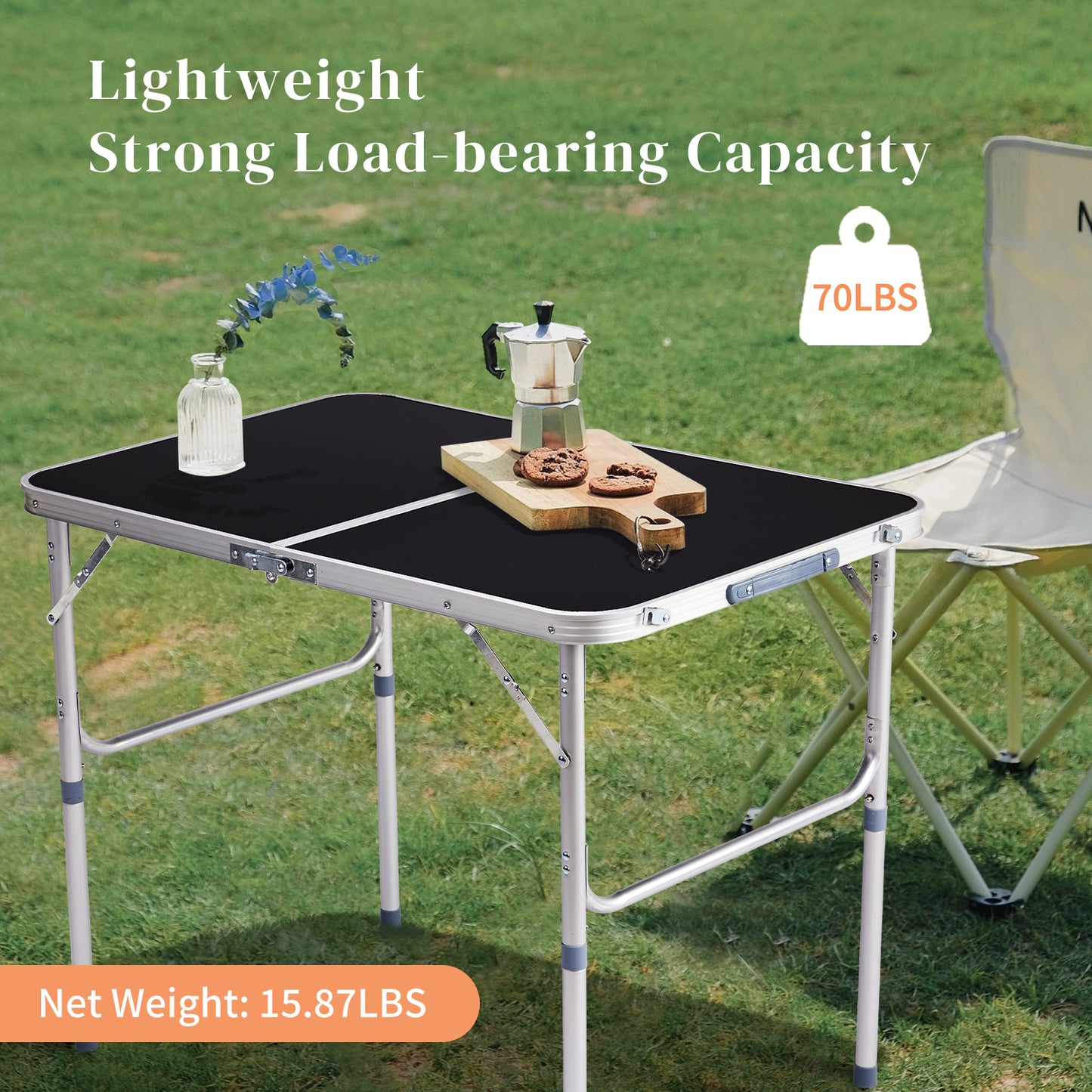 3ft 90-60cm Aluminum Folding Table Portable Outdoor Camping Picnic Desk Black