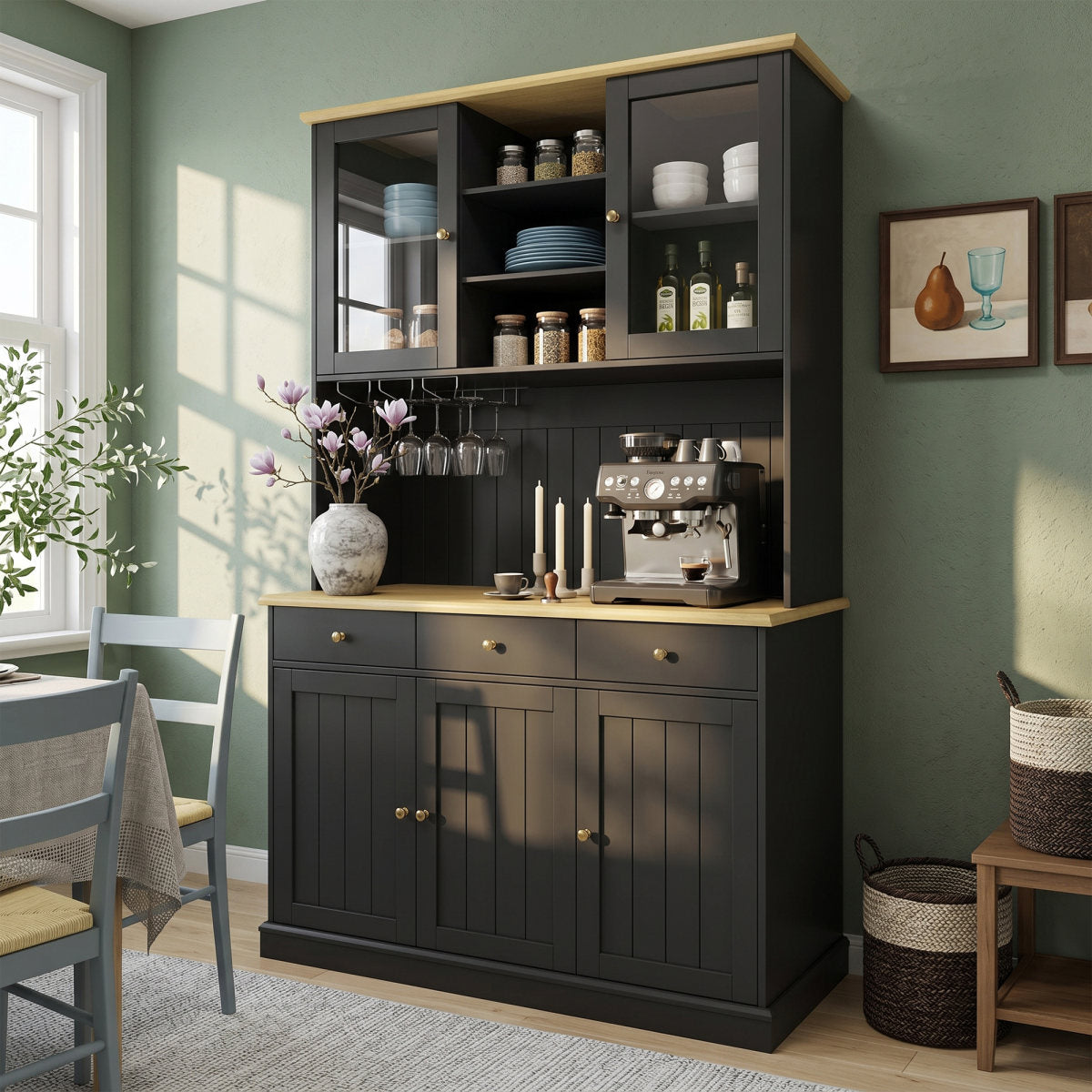Kitchen Cabinets 120 X 40 X 191 Cm , Tall Kitchen Cabinets, Sideboards, Features Include A Power Outlet 2 Power Outlets USB-A USB-C And A Wine Glass Holder, Adjustable Shelves, Black