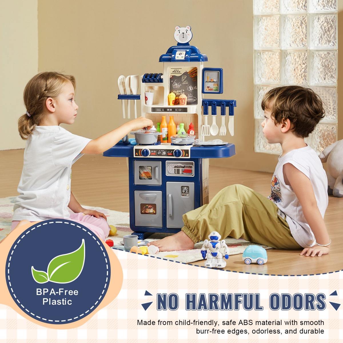 Christmas Gift VEVOR Kitchen Playset Kids Pretend Cooking Play Toy 48 Piece Accessories Blue