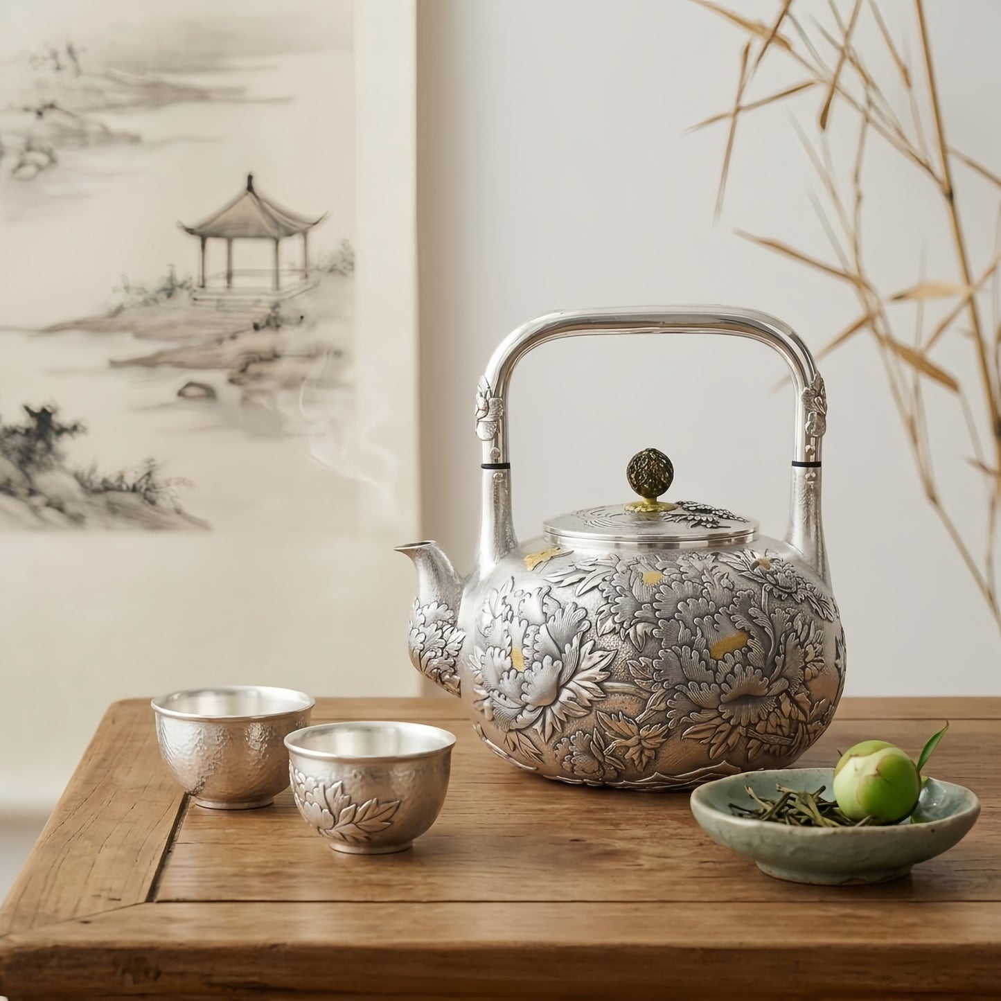 Pure 999 Fine Silver Handcrafted Sterling Silver Tea Kettle Featuring Elaborate Floral Motifs and Decorative Accents - Handicraft