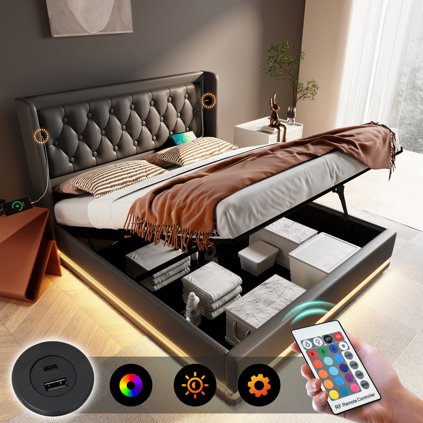 Upholstered Bed Double Bed 160x200 Cm,Black PU Material Hydraulic Storage Bed, Padded Headboard With USB Type-C Charging Function, 3-Sided LED Function Without Mattress
