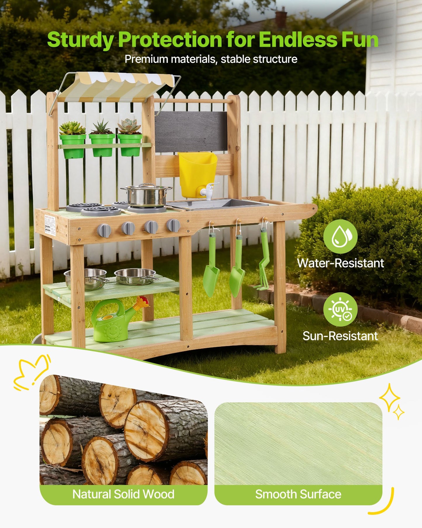 Mud Kitchen, Outdoor Mud Kitchen For Kids, Wood Outdoor Play Kitchens With Spoons, Sink, Sunshade Canopy, Swivel Wheels, Cookware Pots And Accessories, Wooden Play Kitchens For Home, Lawn