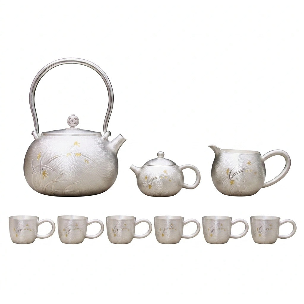 925 Sterling Silver Elegant Tea Set with Traditional Floral Design and Wooden Stands - Handicraft