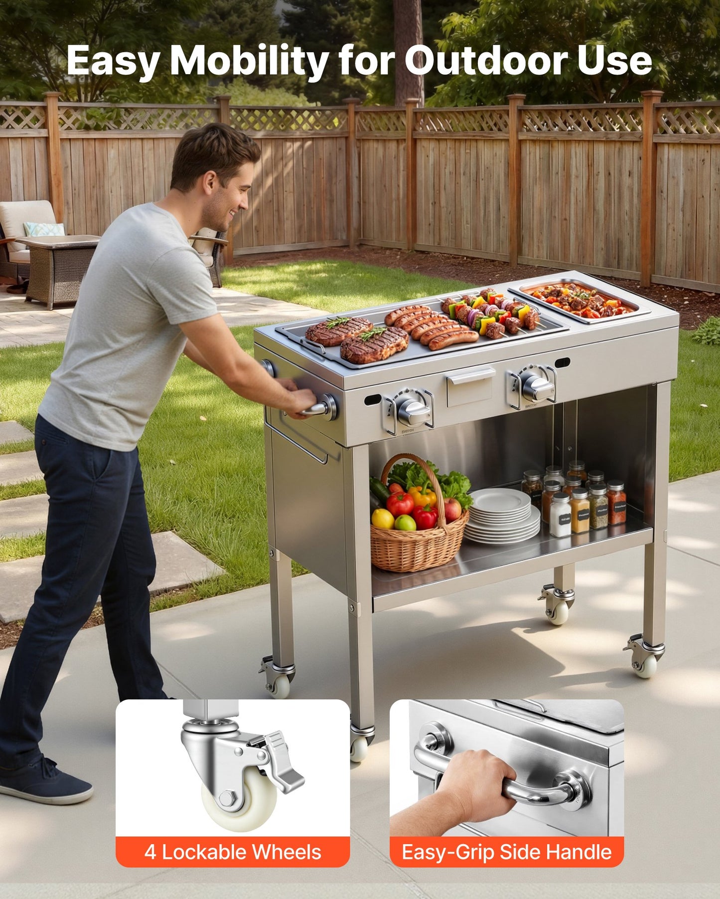 Outdoor Propane Griddle, 2 Burners (11,600 BTU Each), Commercial Stainless Steel Gas Griddle Cart With 4 Lockable Wheels, 1/3 Food Pan, Easy-Grip Side Handle, Ideal For Hot Dogs, Burgers & Meats
