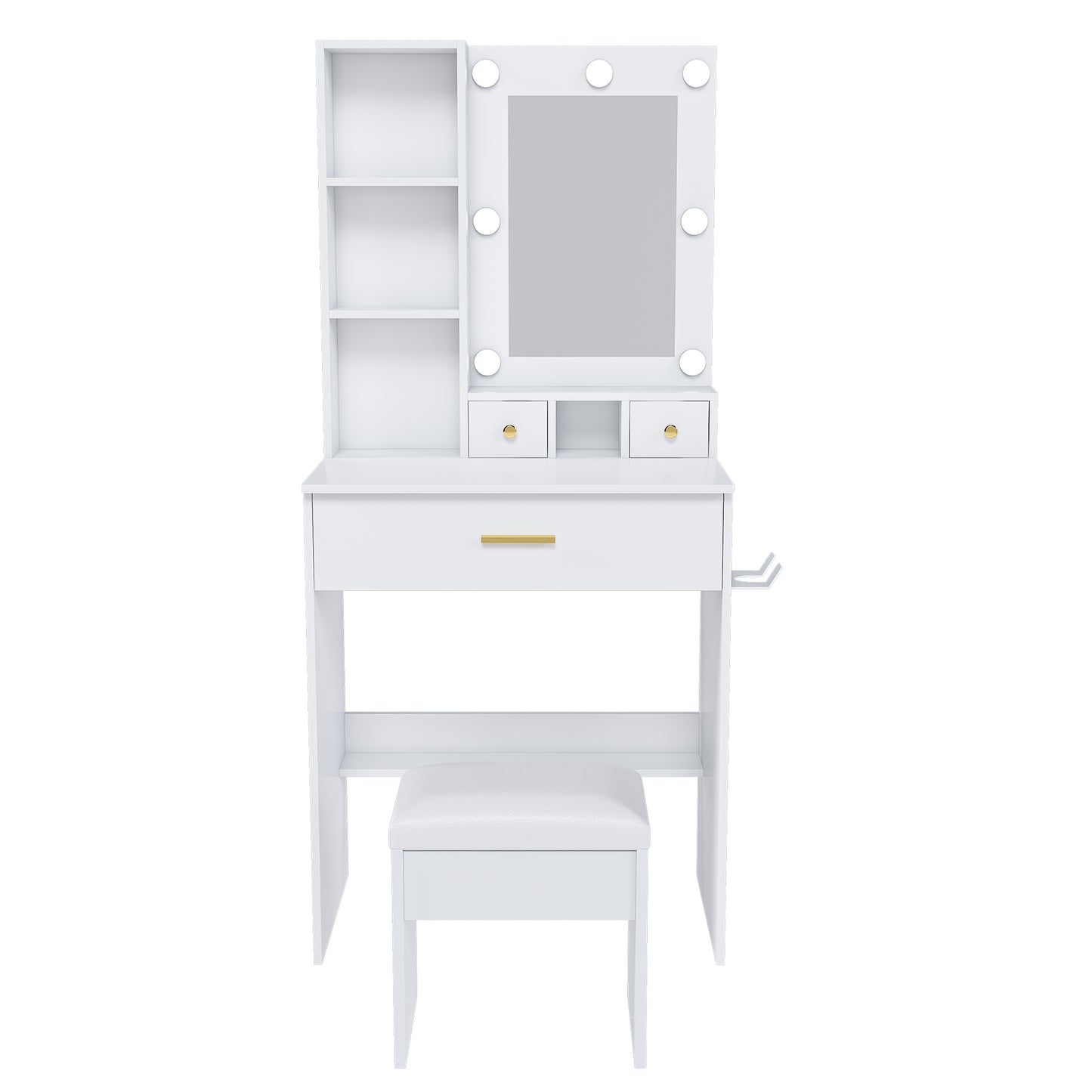 Vanity Table With Mirror & Adjustable LED Lights, Power Outlet, Hairdryer Holder & Stool -Compact Dressing Desk For Small Bedrooms White
