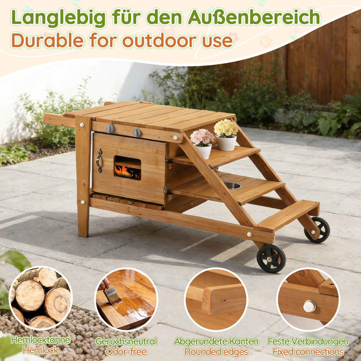 Outdoor Children's Kitchen With Wheels, Mud Kitchen For Children, Play Kitchen Incl, Kitchen Accessories, Wooden Food Trolley, Mud Kitchen Kitchen Set Garden Kitchen For Children From 3 Years Natural