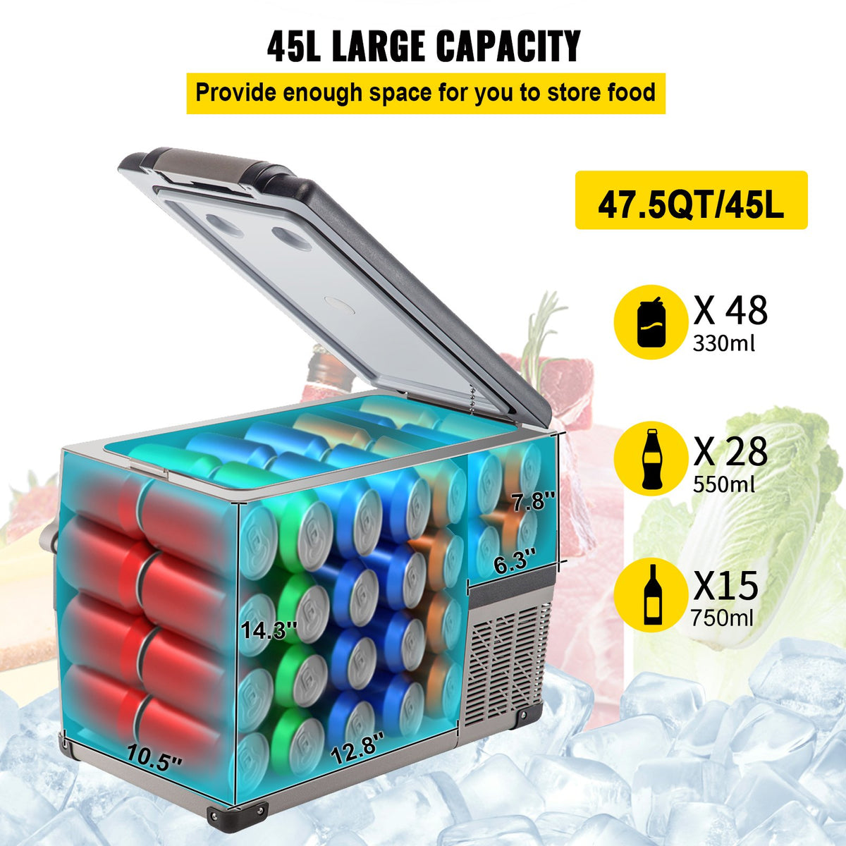 12 Volt Refrigerator 45L(48qt) Fast Cooling Portable Freezer With App Control(-4℉~68℉) Car Fridge With 12/24v DC & 110-240v AC For Travel, Camping And Home Use, 48 Quart, Black