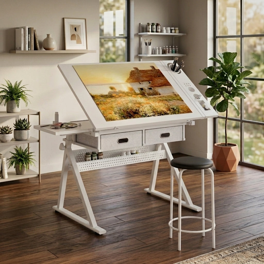 Adjustable Drawing Drafting Table Desk With 2 Drawers For Home Office And School With Stool All White