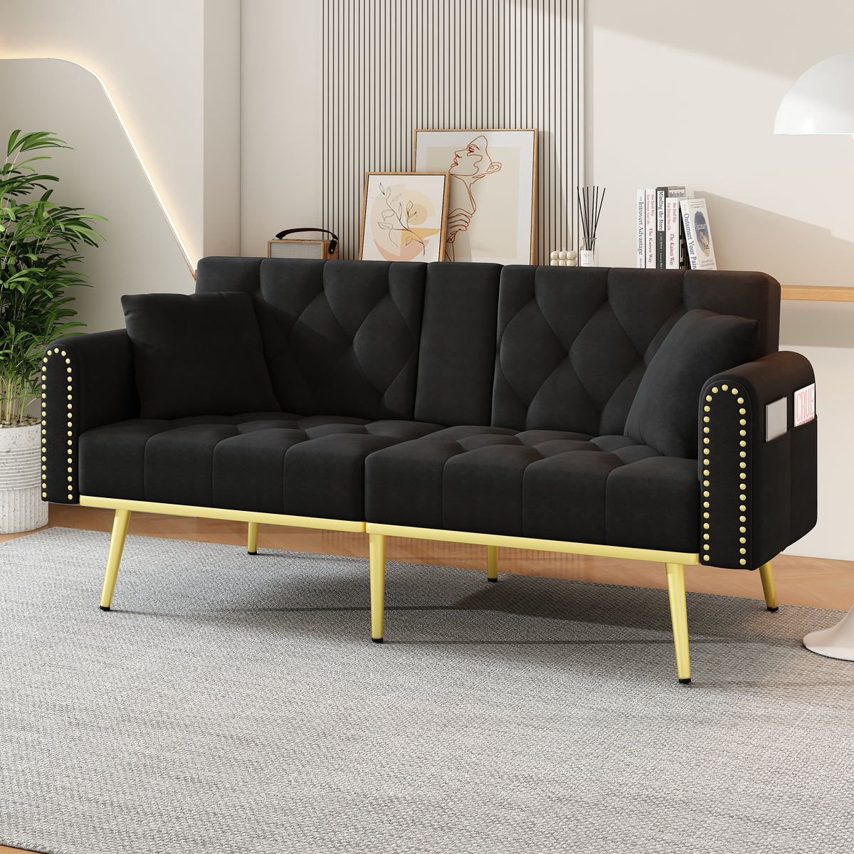 Double Fold Out Sofa Bed With Reclining Function, Three Adjustable Tilt Angles And Cup Holder. Suitable For Living Room, Bedroom, Home Theater Or Guest Room. Fabric Cover. Black