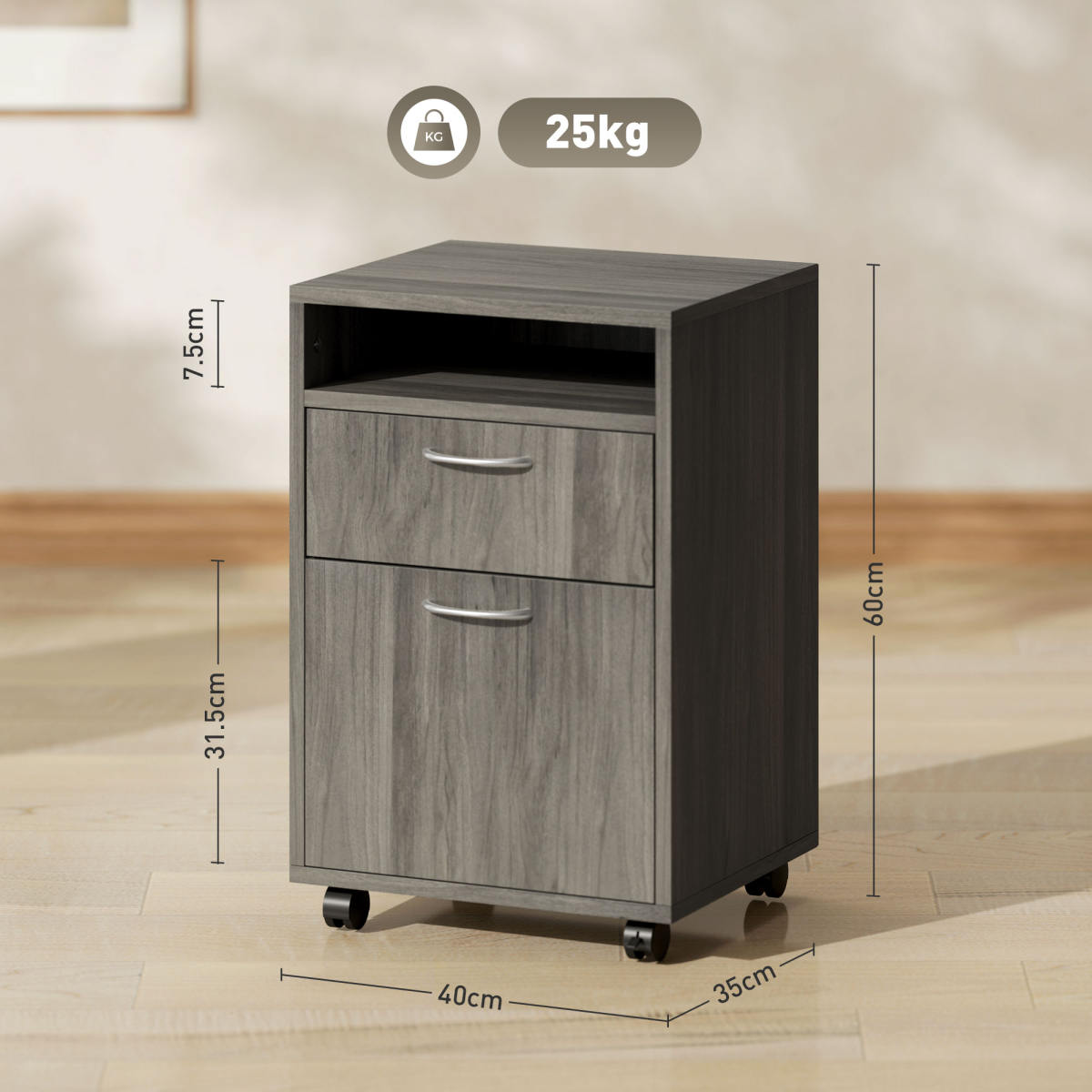 60cm Filing Cabinet With Drawer, Open Shelf, Metal Handles And 4 Wheels, Office Home Organiser Mobile Printer, Grey
