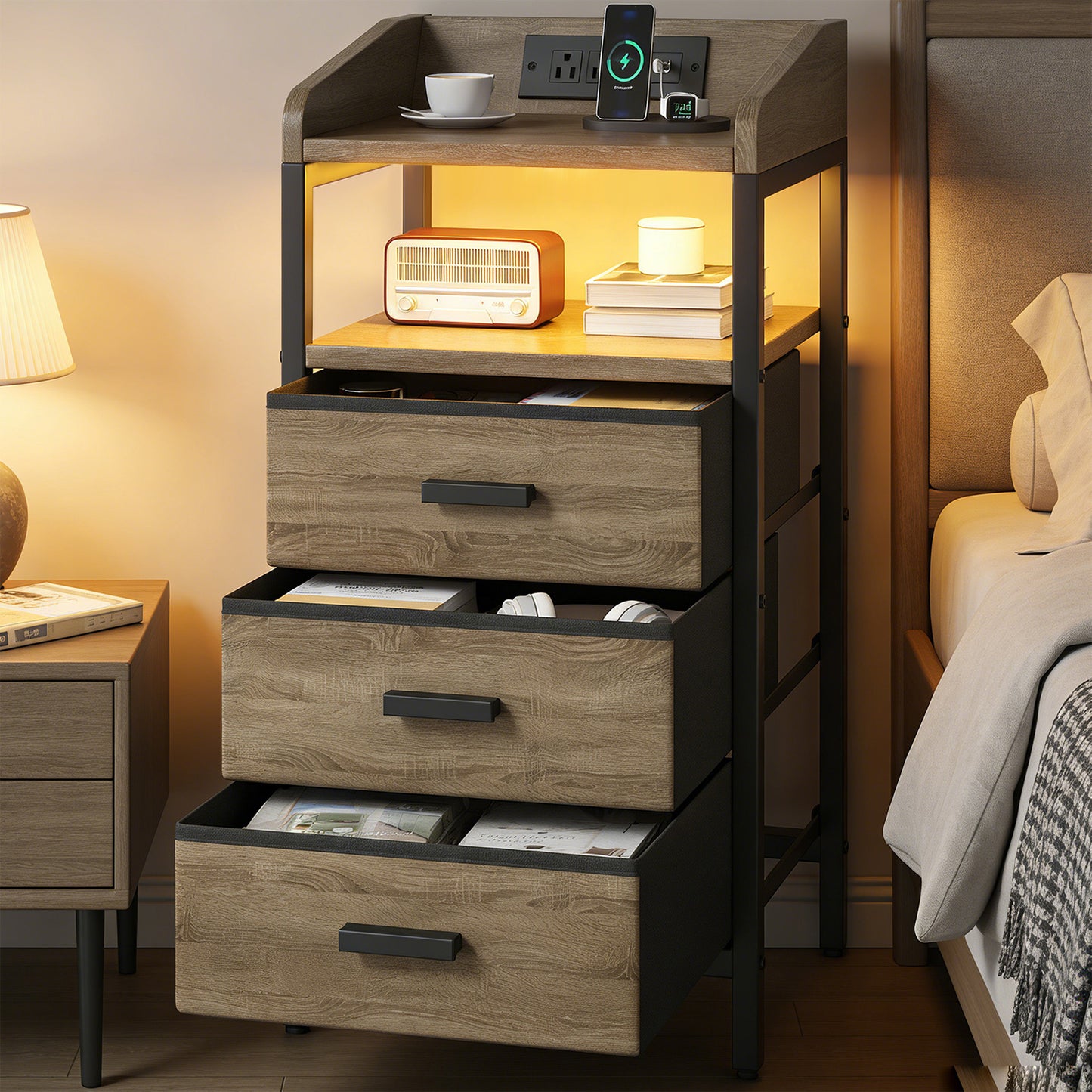 2 Pack Night Stand With Charging Station And Light Bedside End Table With 3 Fabric Drawers 2 USB Ports And Outlets For Bedroom