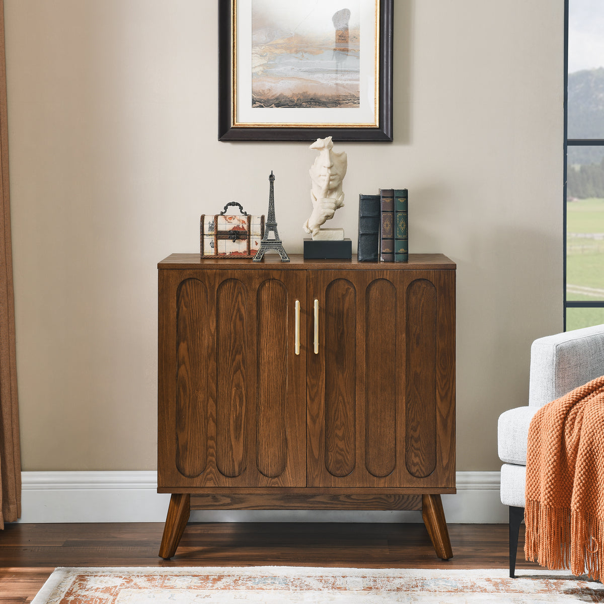 Mid Century Modern Fluted Sideboard Cabinet With Adjustable Shelves & Solid Wood Legs, Buffet Cabinet With Storage, Walnut Storage Cabinet For Living Room, Entryway, Hallway, Dining Room, Kitchen