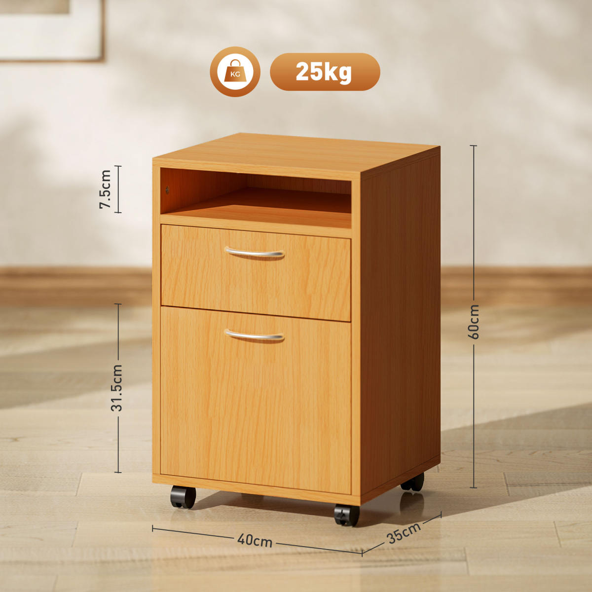 60cm Filing Cabinet With Drawer, Open Shelf, Metal Handles And 4 Wheels, Office Home Organiser Mobile Printer, Natural Wood Finish