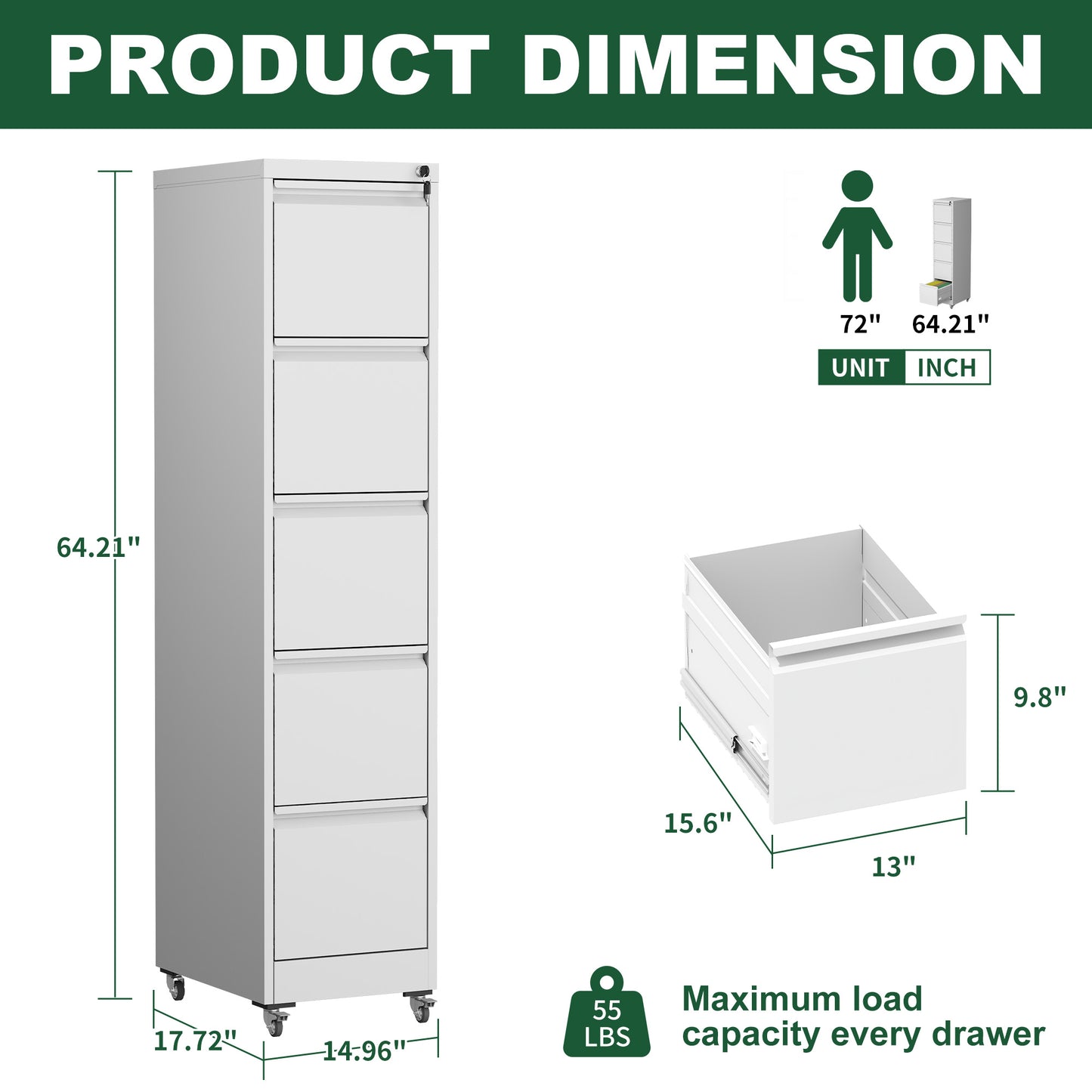 5 Drawer Metal Vertical File Cabinet With Lock On Wheels For Home Office,Heavy Duty Metal Storage Cabinet For A4 Letter Legal Size Files, White, 17.71 Dx15.16 Wx64.17 H